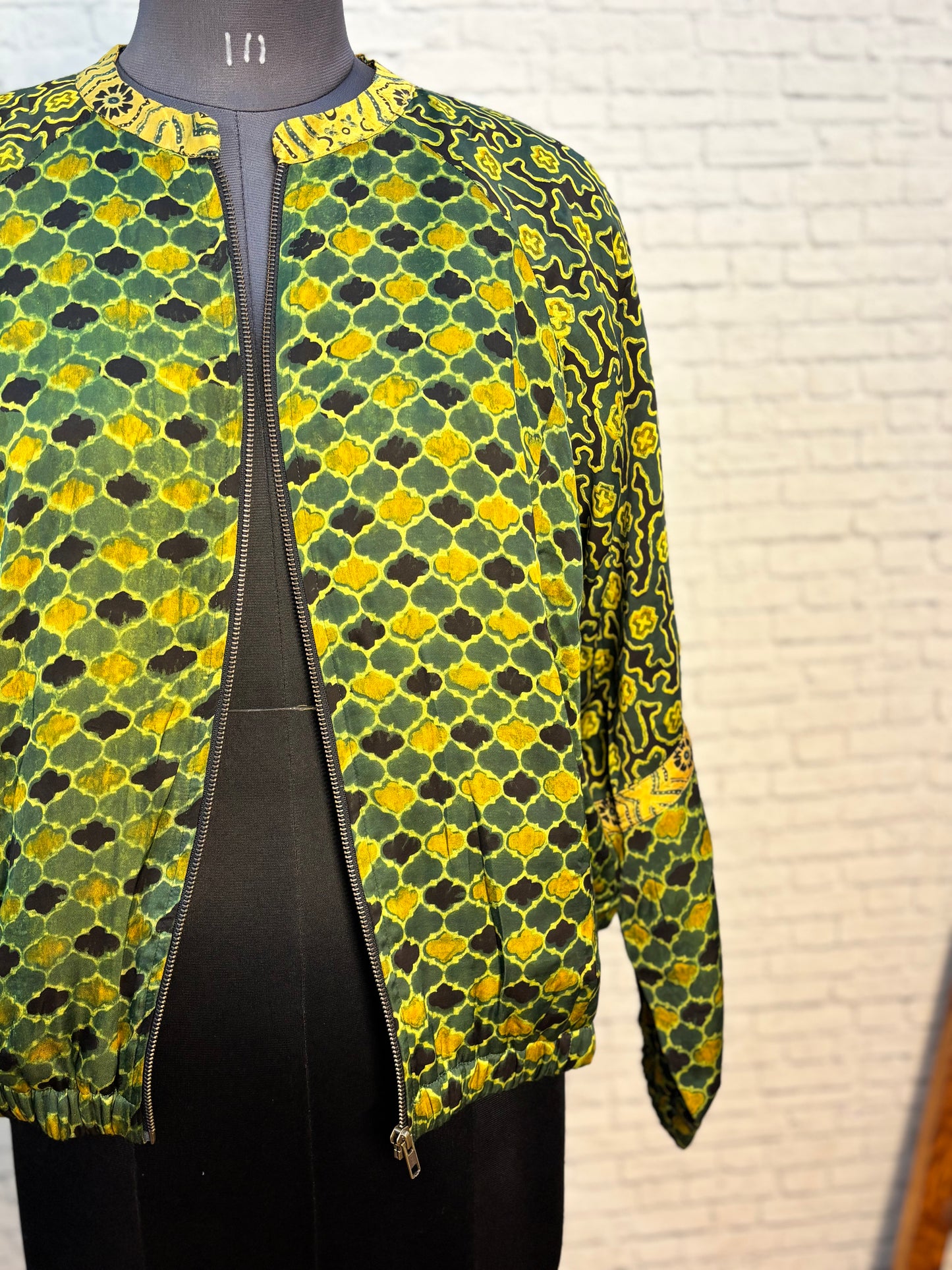 Green Modal Silk Ajrakh Unisex Bomber Jacket