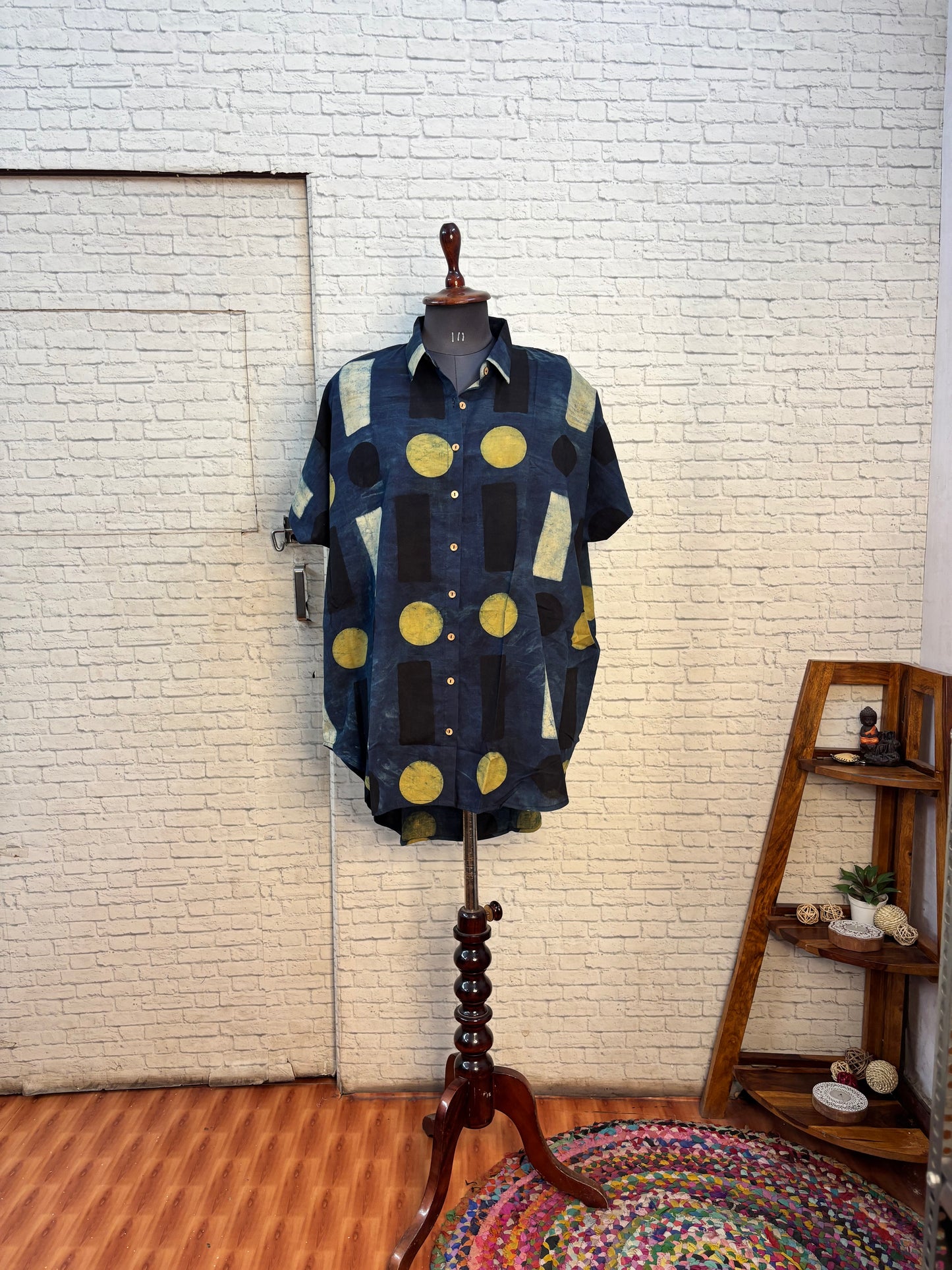 Indigo Green Geometric Cotton High Low Shirt Kaftan