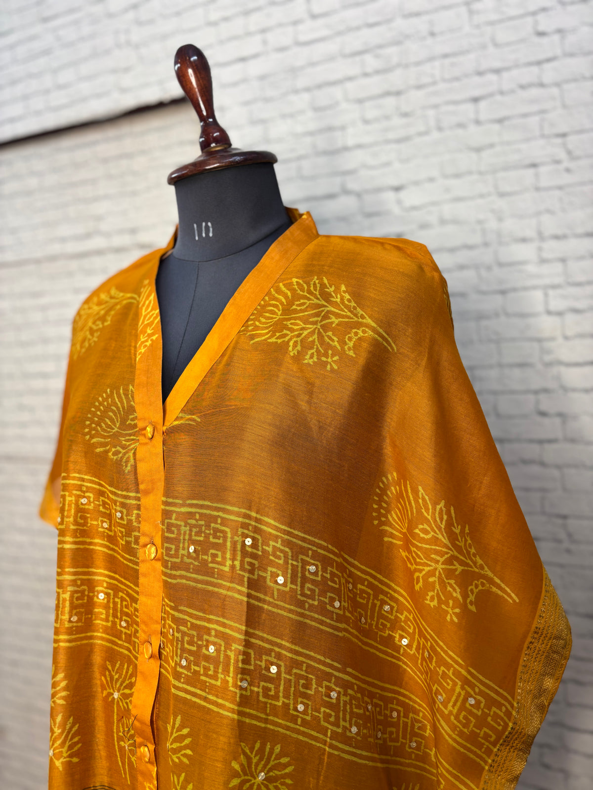 Yellow Hand Block Print Chanderi Shirt Kaftan with Sequin Detailing