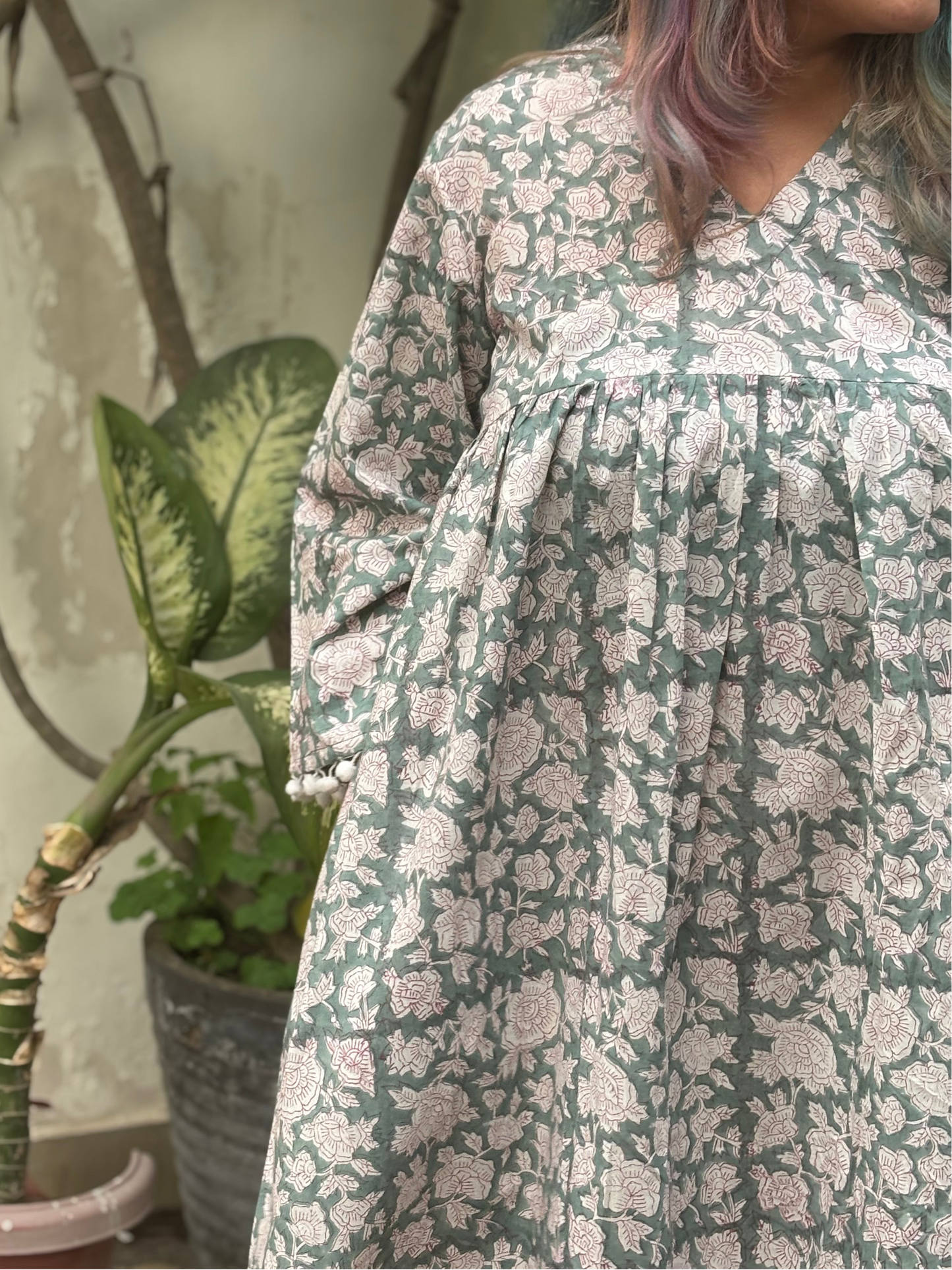 Ira Hand Block Printed Comfort Fit Flared Dress with Pompoms