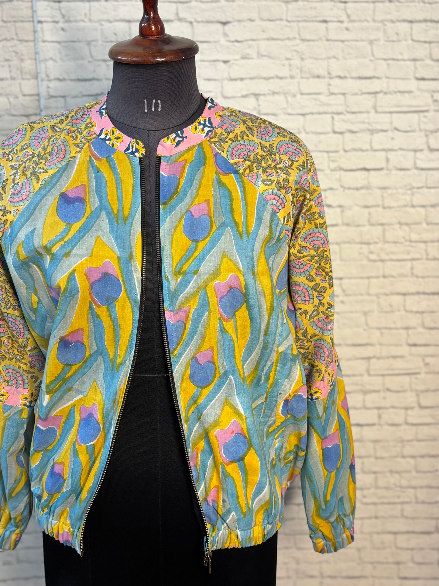 Yellow Pink Hand Block Printed Unisex Bomber Jacket