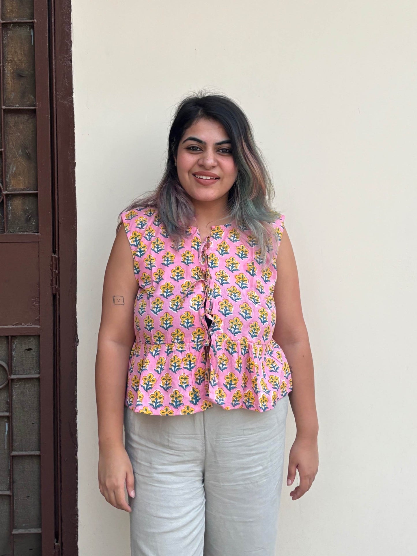 Pink Yellow Hand Block Printed Front Tie Sleeveless Top