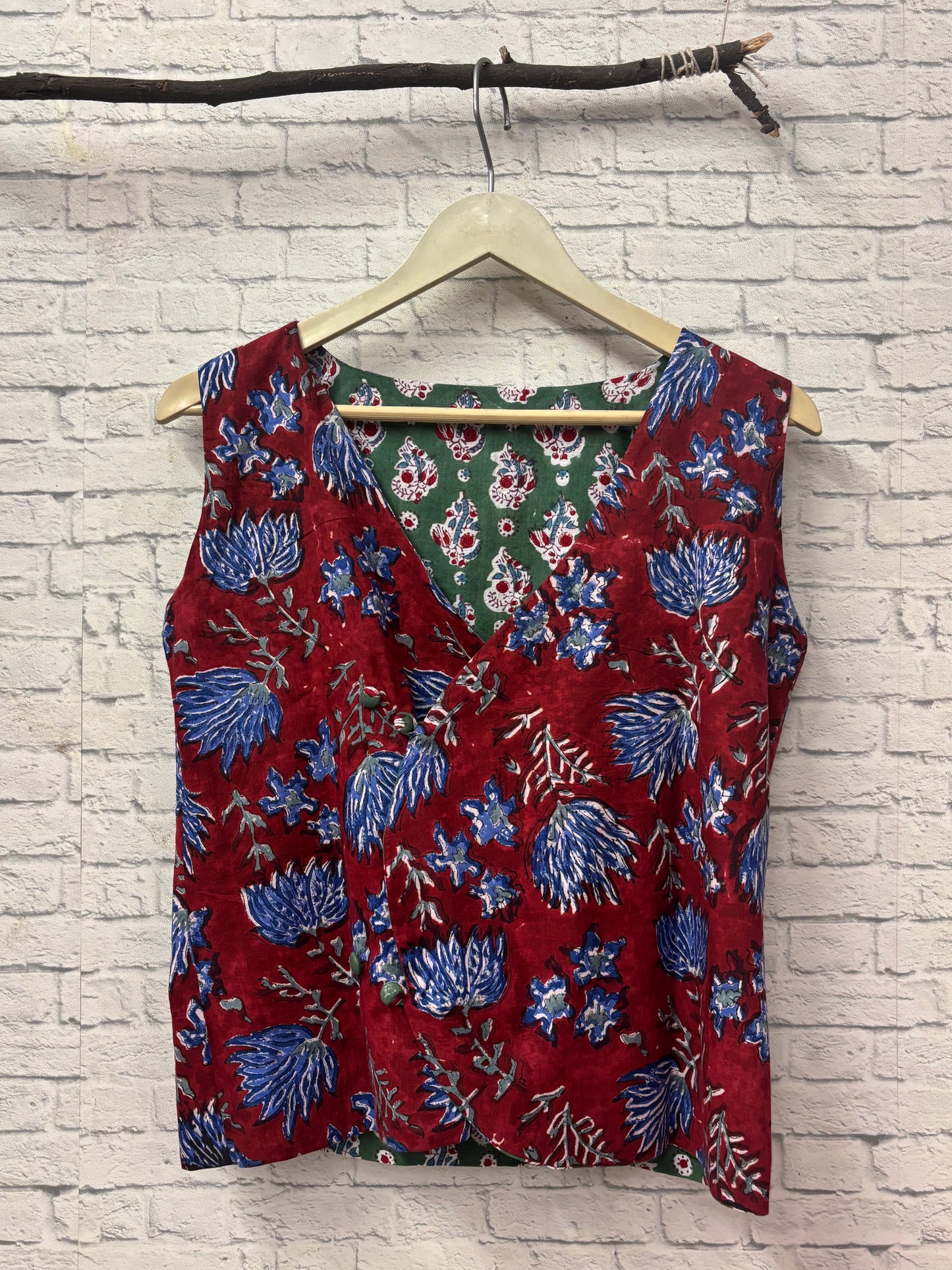 Red Green Hand Block Printed Reversible Waistcoat