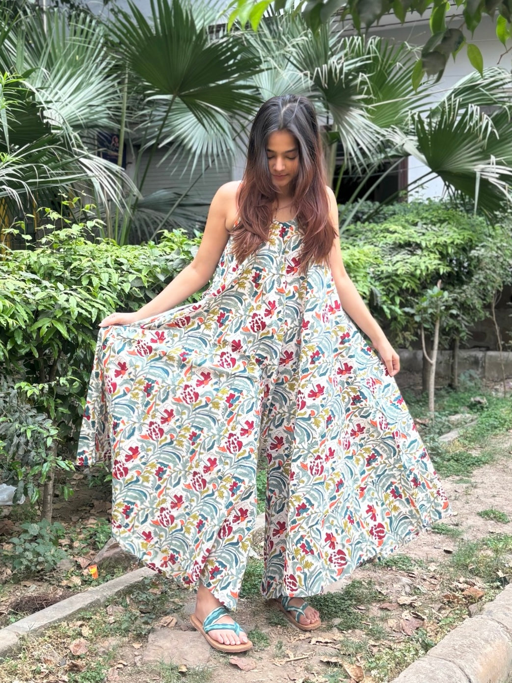 Vasanti Hand Block Printed Floral Flared Jumpsuit