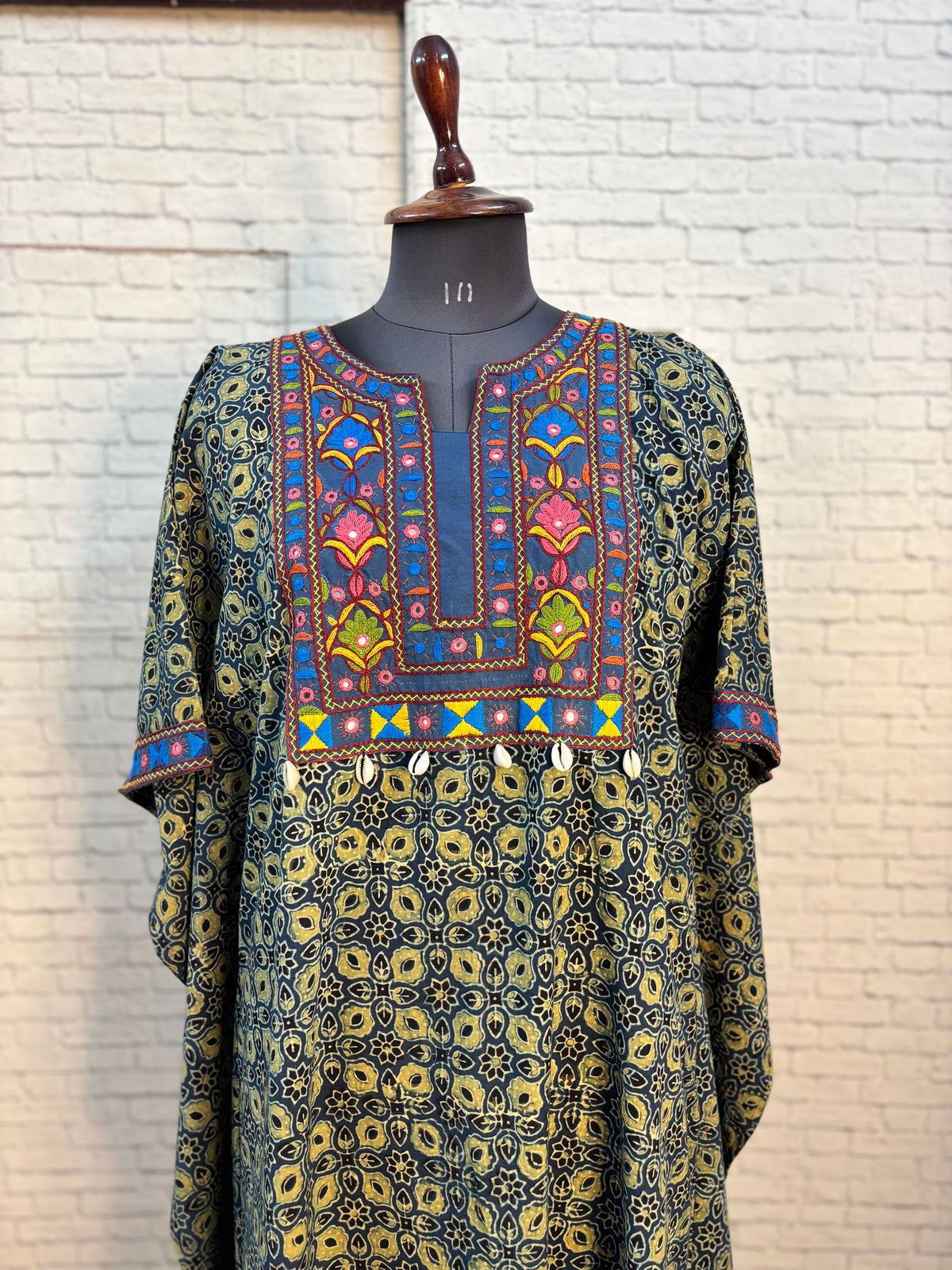 Indigo Green Ajrakh Hand Embroidered Patch Kaftan