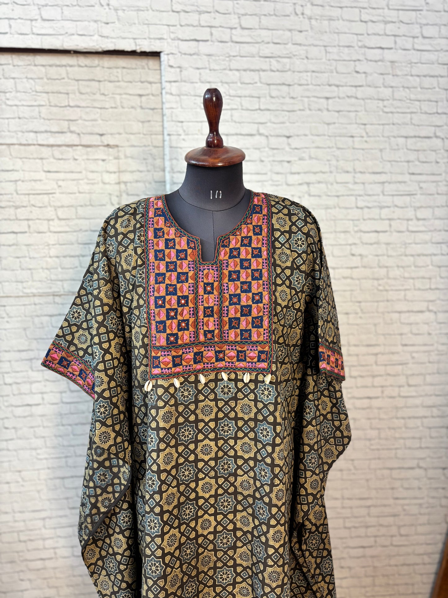 Brown Ajrakh Hand Embroidered Patch Kaftan