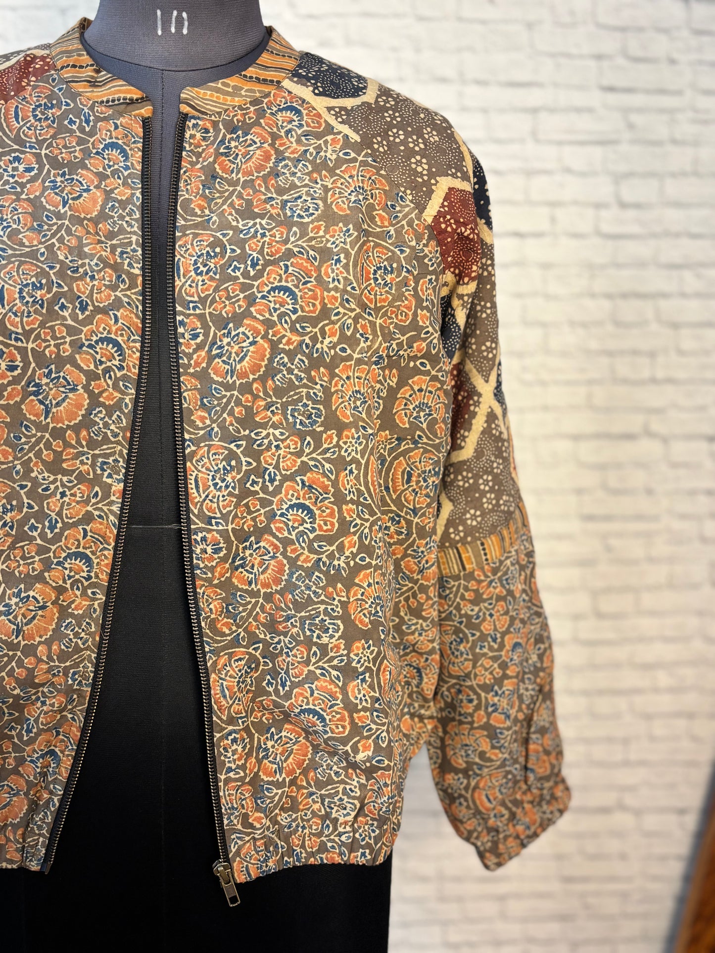 Kashish Orange Ajrakh Hand Block Printed Unisex Bomber Jacket