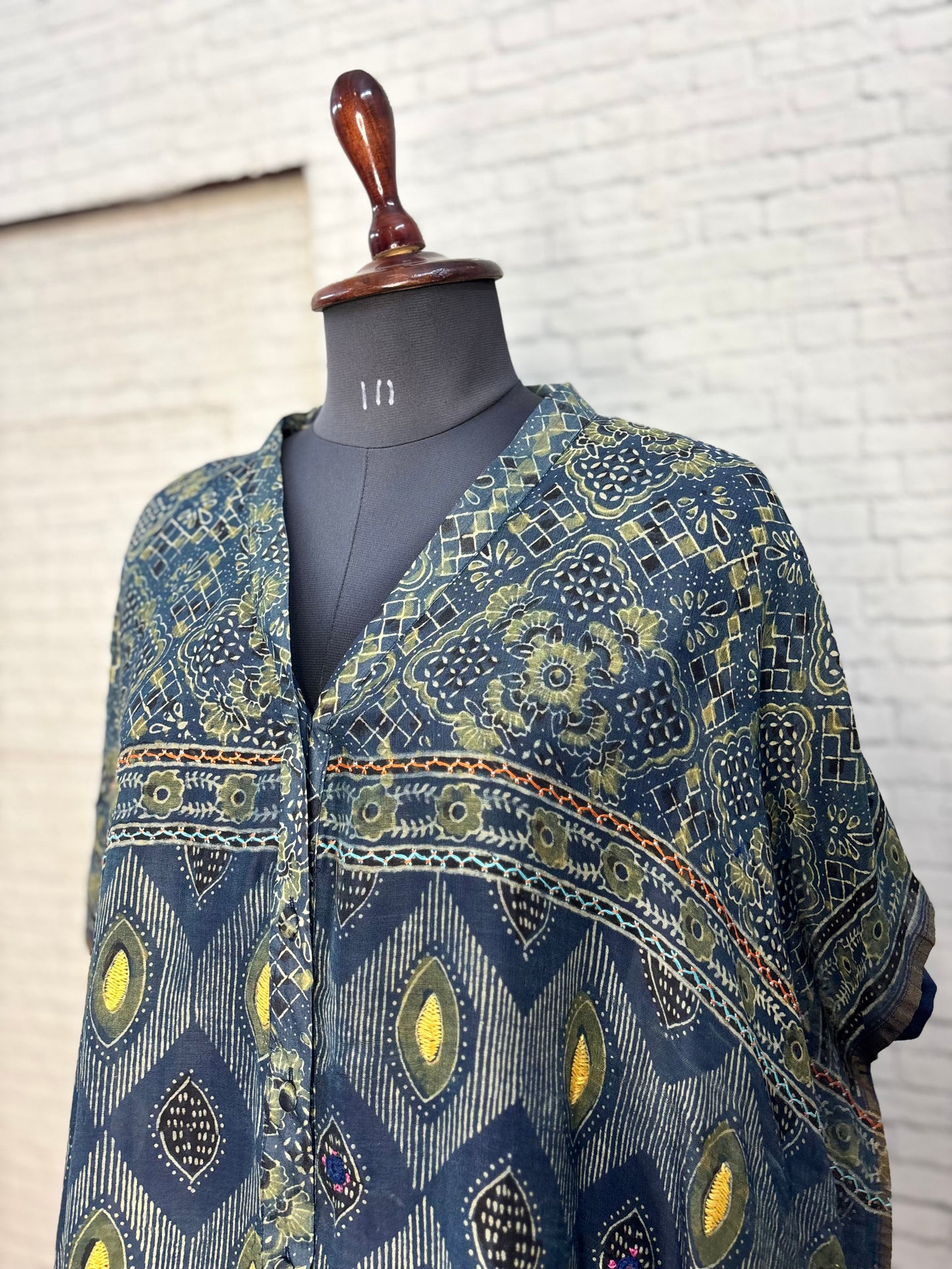 Indigo Green Ajrakh Chanderi Shirt Kaftan with Hand Embroidery