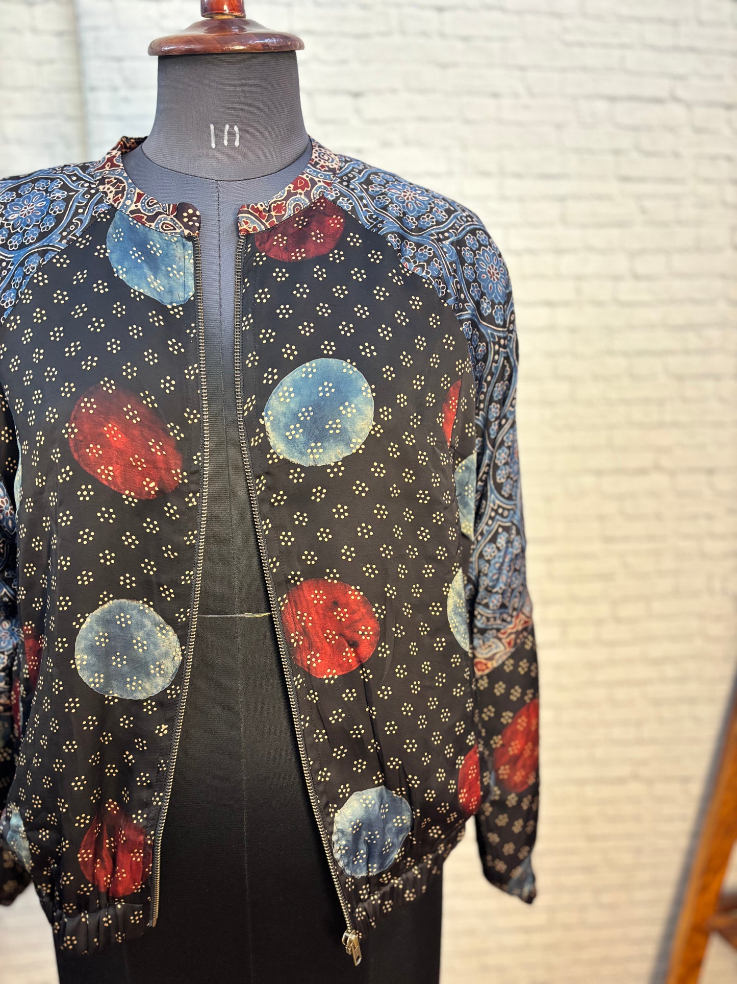 Black Modal Silk Ajrakh Unisex Bomber Jacket