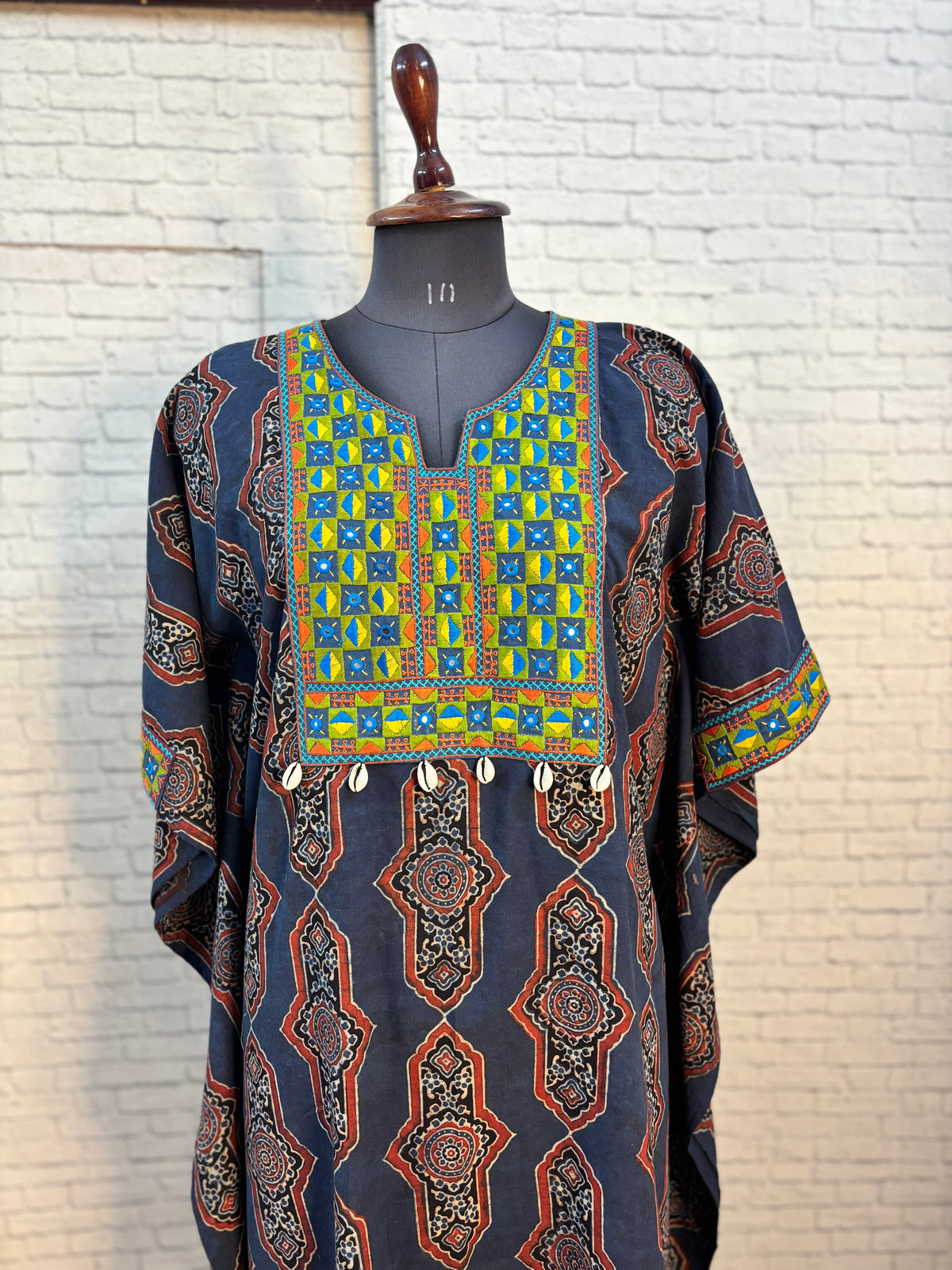 Indigo Red Ajrakh Hand Embroidered Patch Kaftan