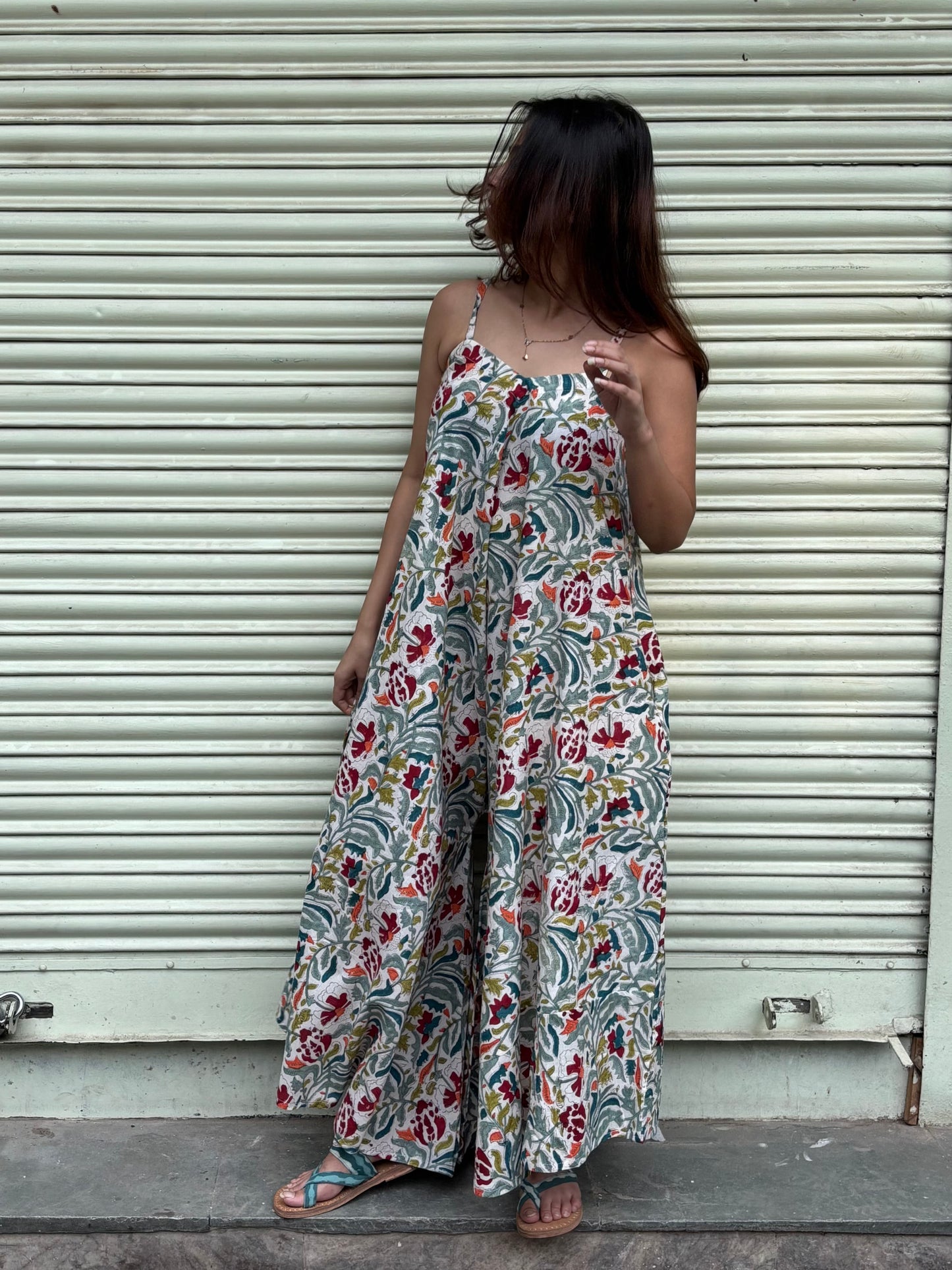 Vasanti Hand Block Printed Floral Flared Jumpsuit