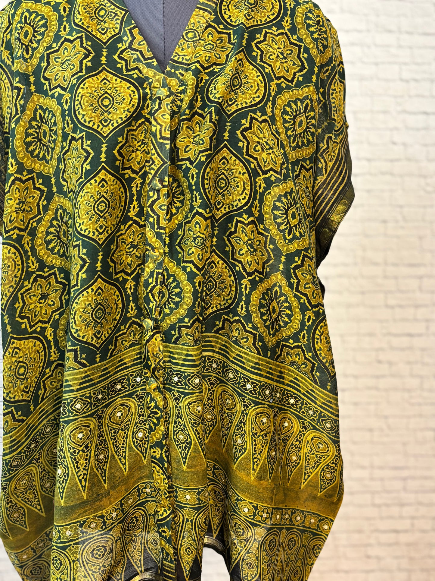 Green Ajrakh Chanderi Shirt Kaftan with Sequin Detailing