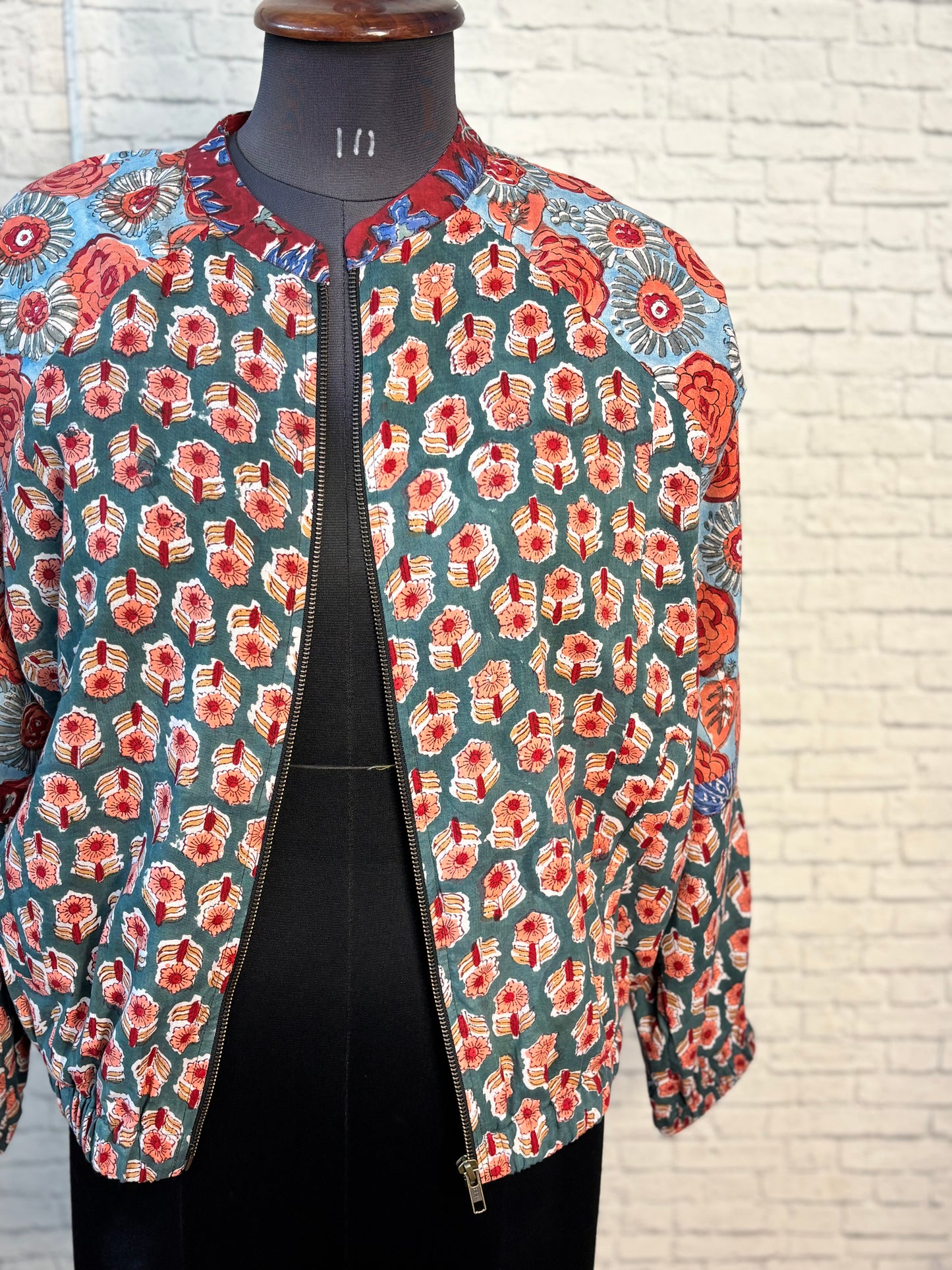 Green Red Hand Block Printed Unisex Bomber Jacket