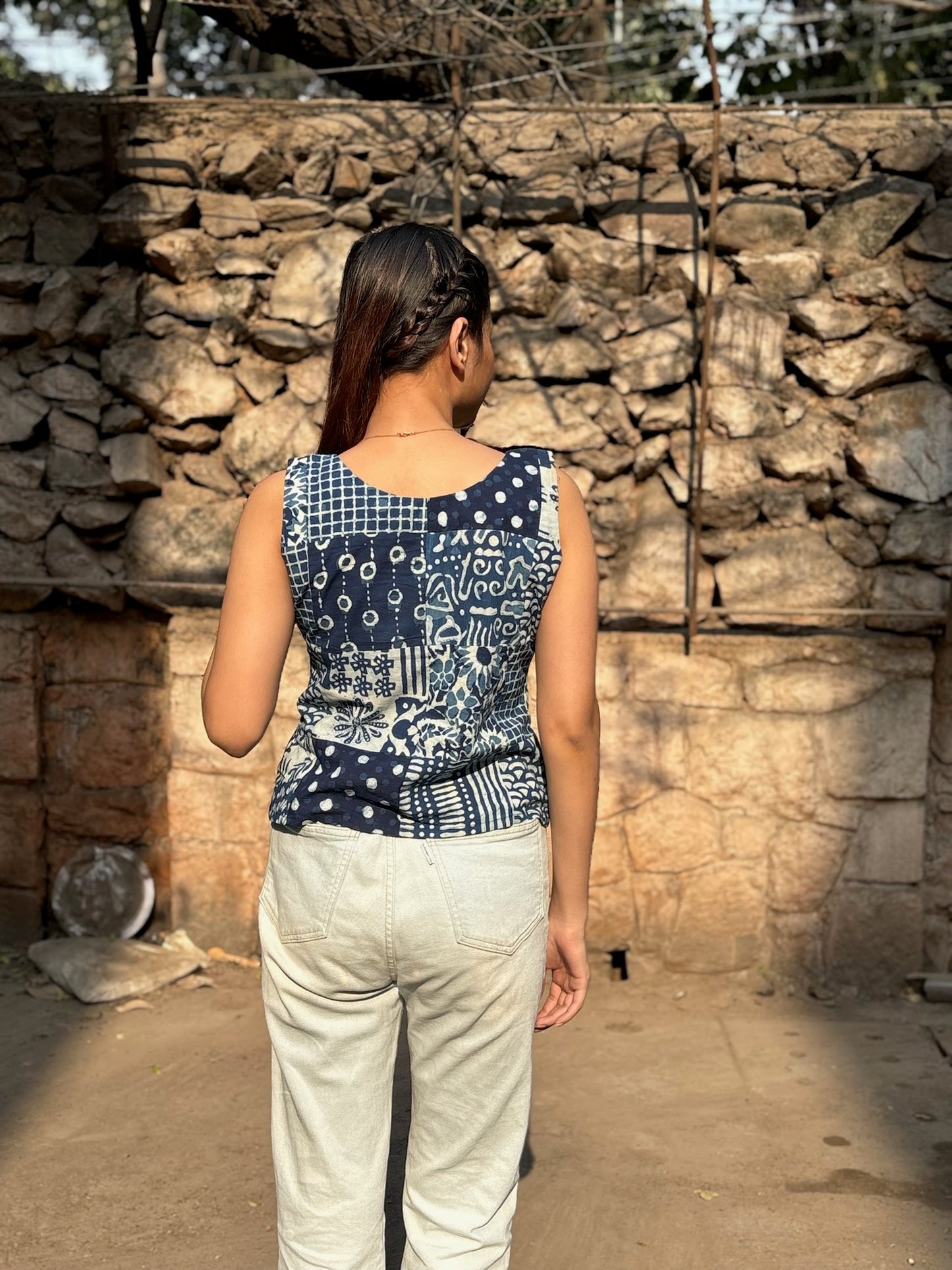 Indigo White Patch Work Sleeveless Crop Top