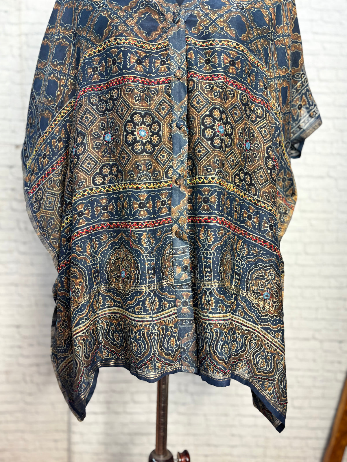 Indigo Red Ajrakh Chanderi Shirt Kaftan with Hand Embroidery