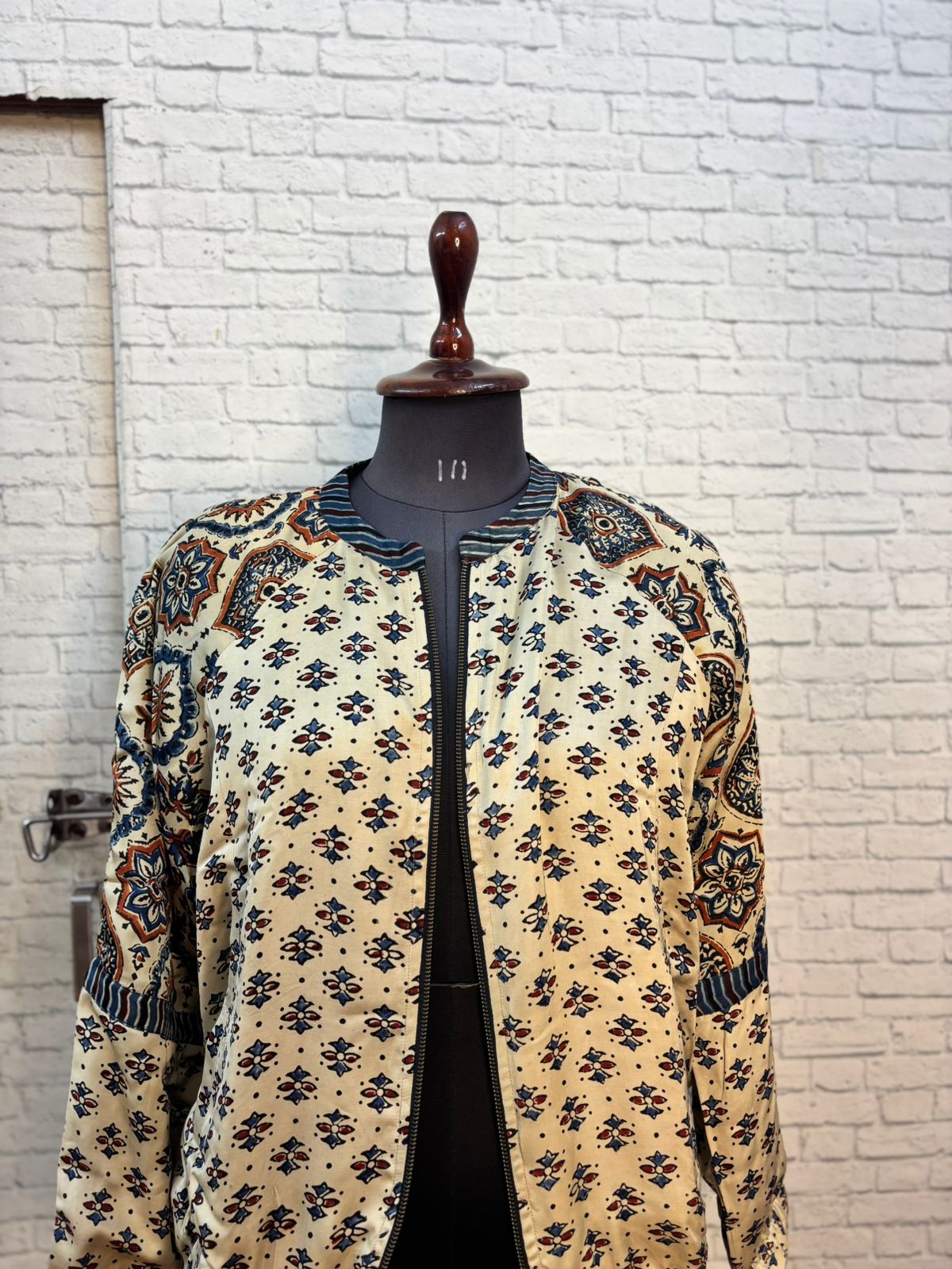 White Modal Silk Ajrakh Unisex Bomber Jacket