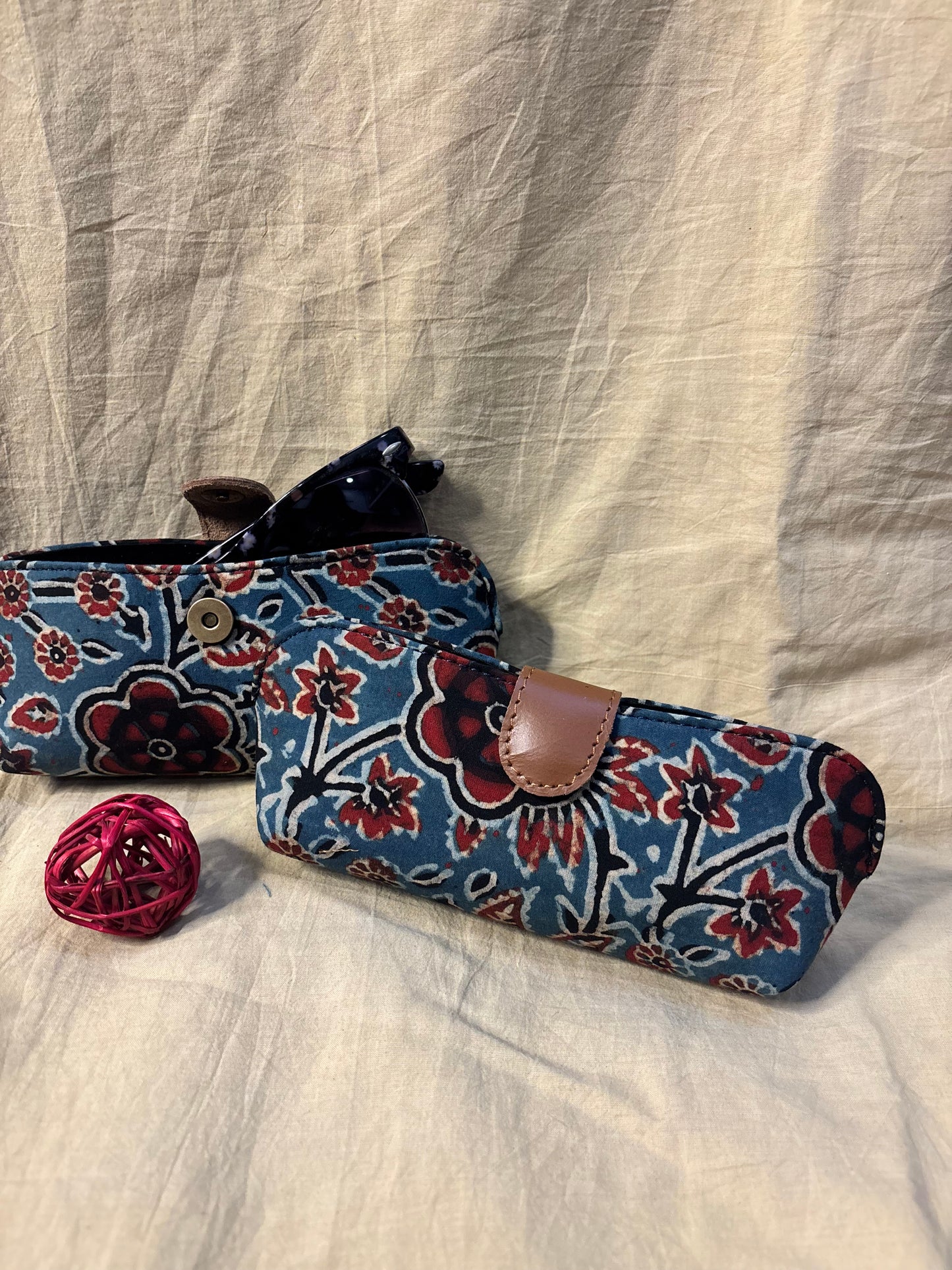 Indigo Red Floral Ajrakh Hand Block Print Eyewear Case