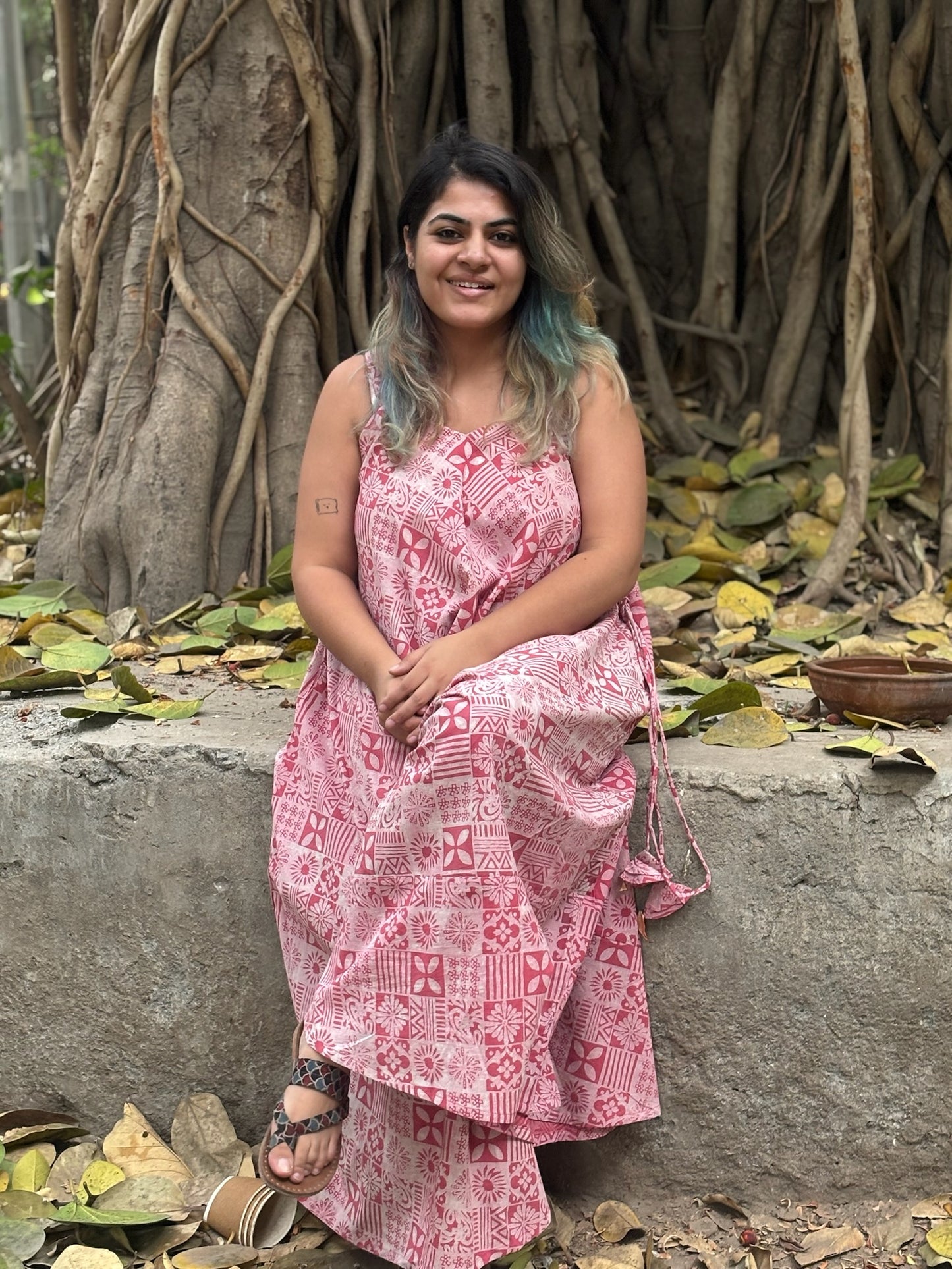 Pink Tiles Hand Block Printed Floral Flared Jumpsuit