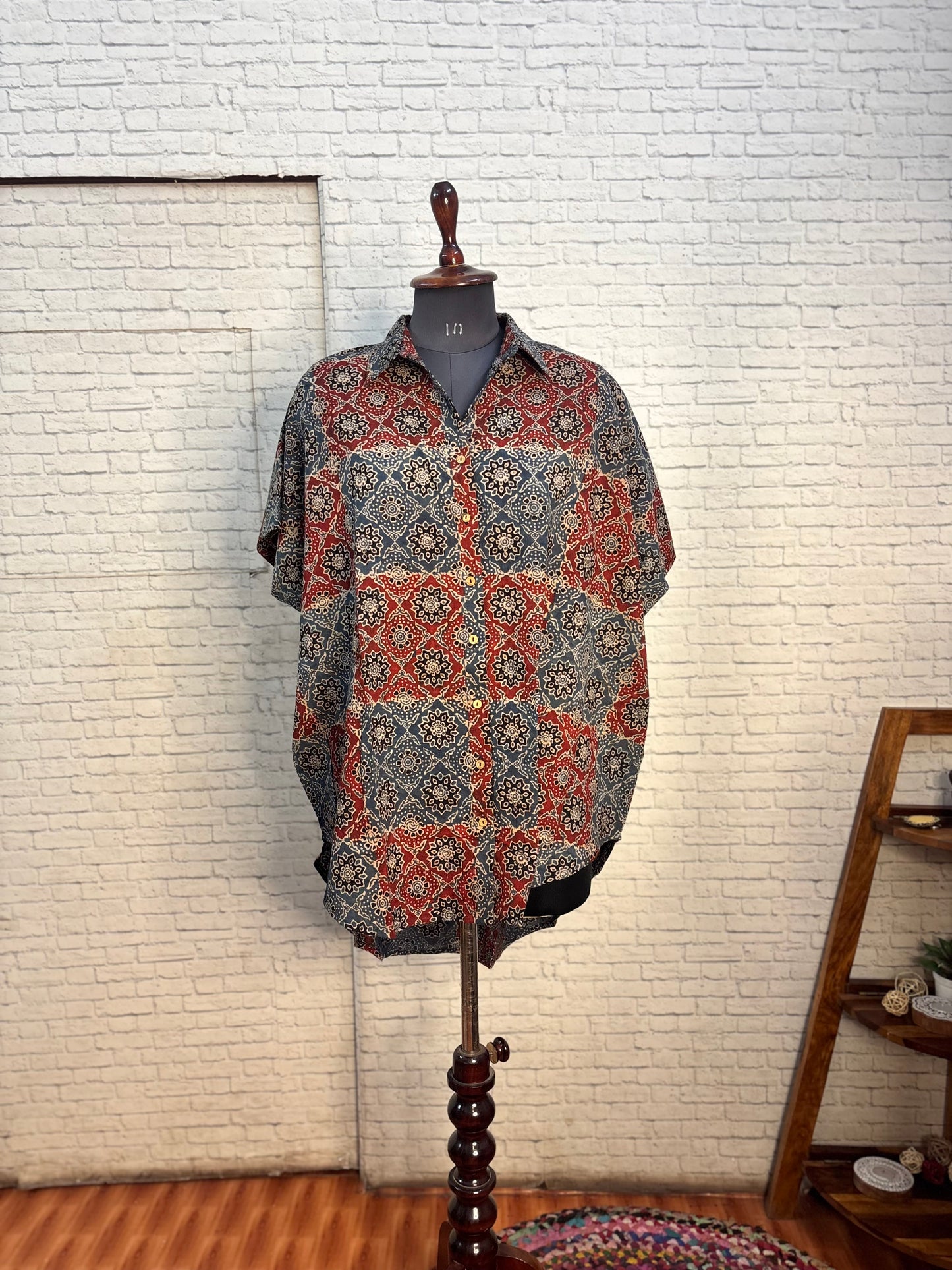 Indigo Red Ajrakh Cotton High Low Shirt Kaftan