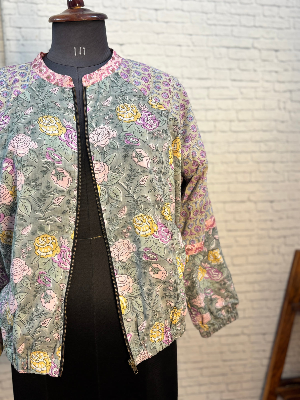 Grey Floral Hand Block Printed Unisex Bomber Jacket