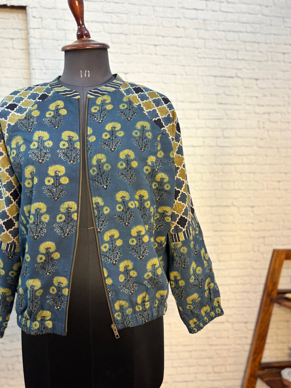 Indigo Green Ajrakh Hand Block Printed Unisex Bomber Jacket