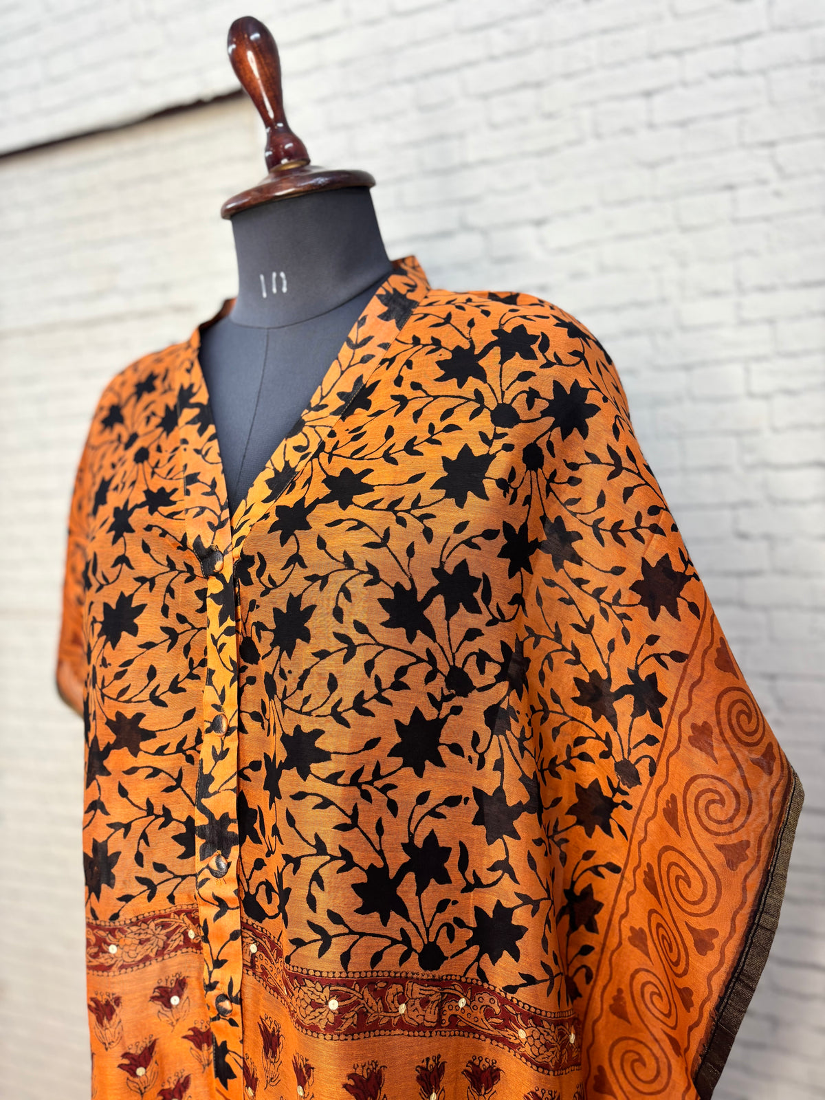 Orange Floral Hand Block Print Chanderi Shirt Kaftan with Sequin Detailing