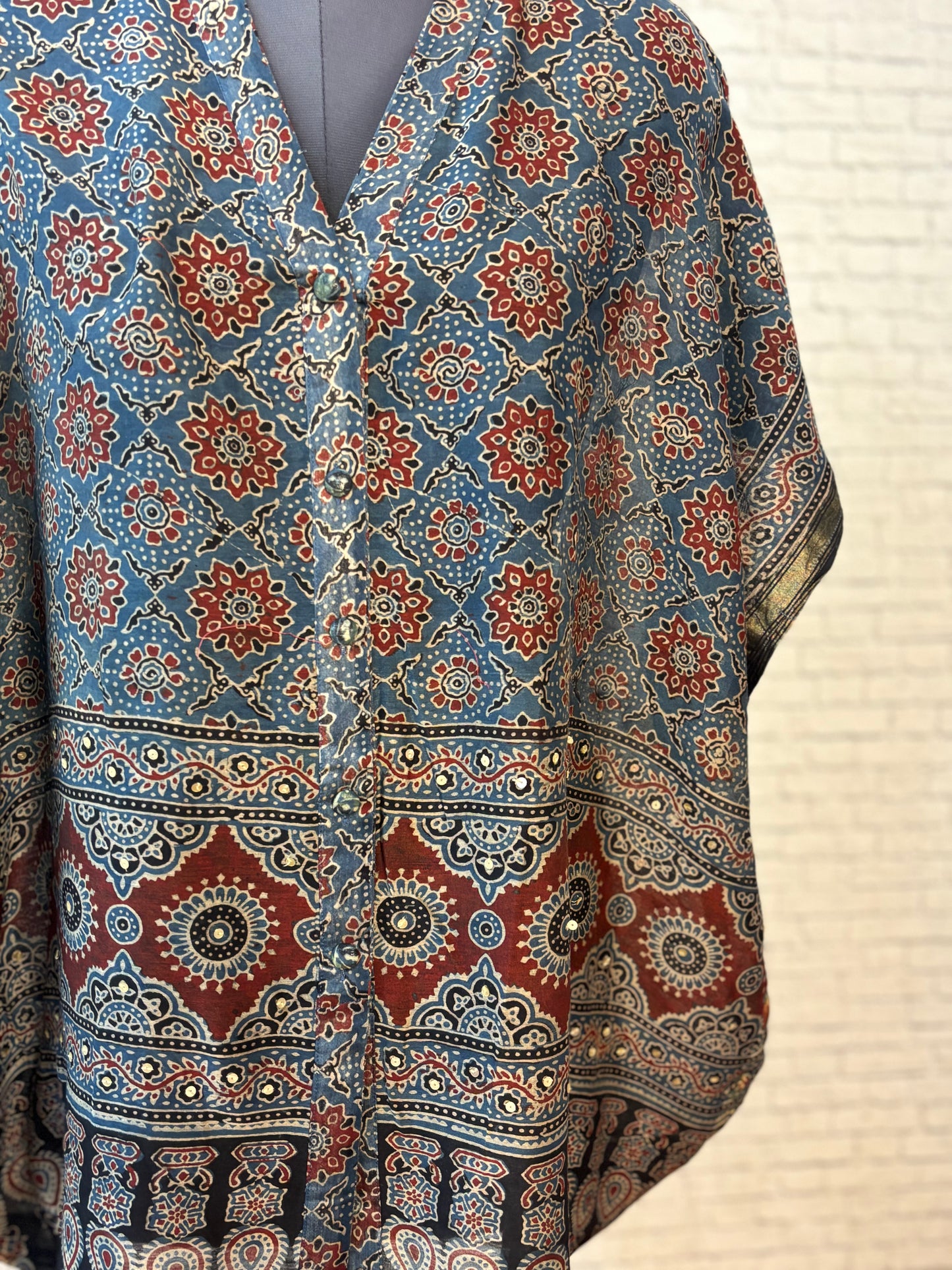 Indigo Red Ajrakh Chanderi Shirt Kaftan with Sequin Detailing