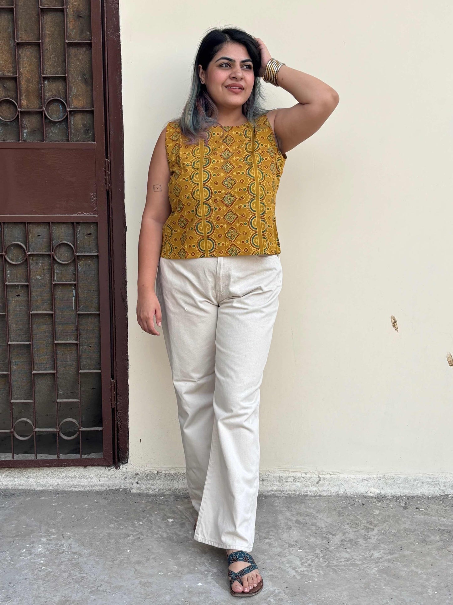 Yellow Ajrakh Hand Block Printed Sleeveless Crop Top