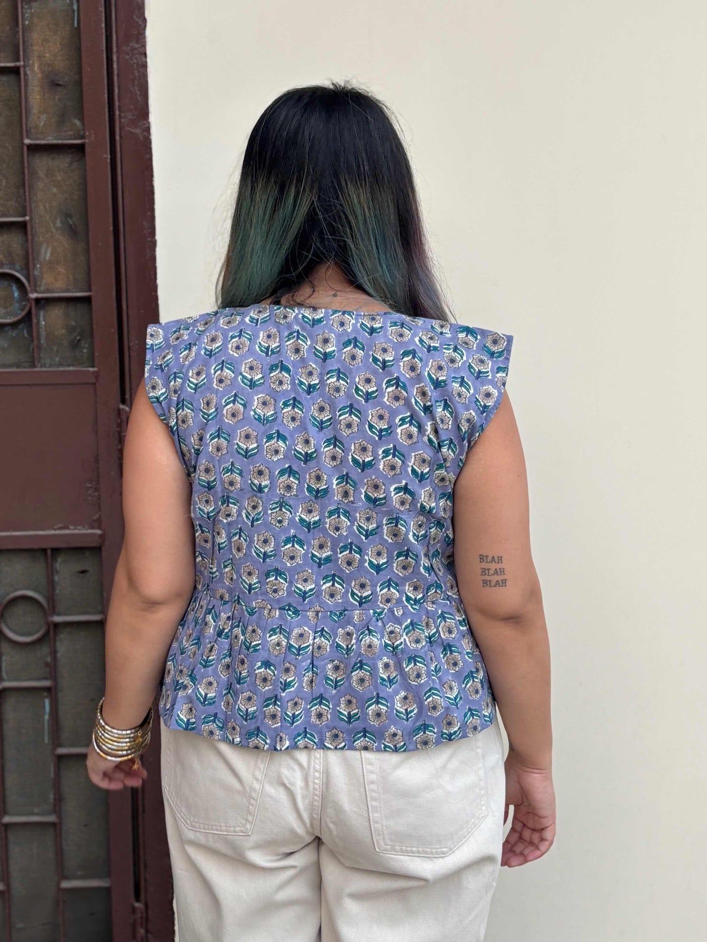 Purple Brown Hand Block Printed Front Tie Sleeveless Top