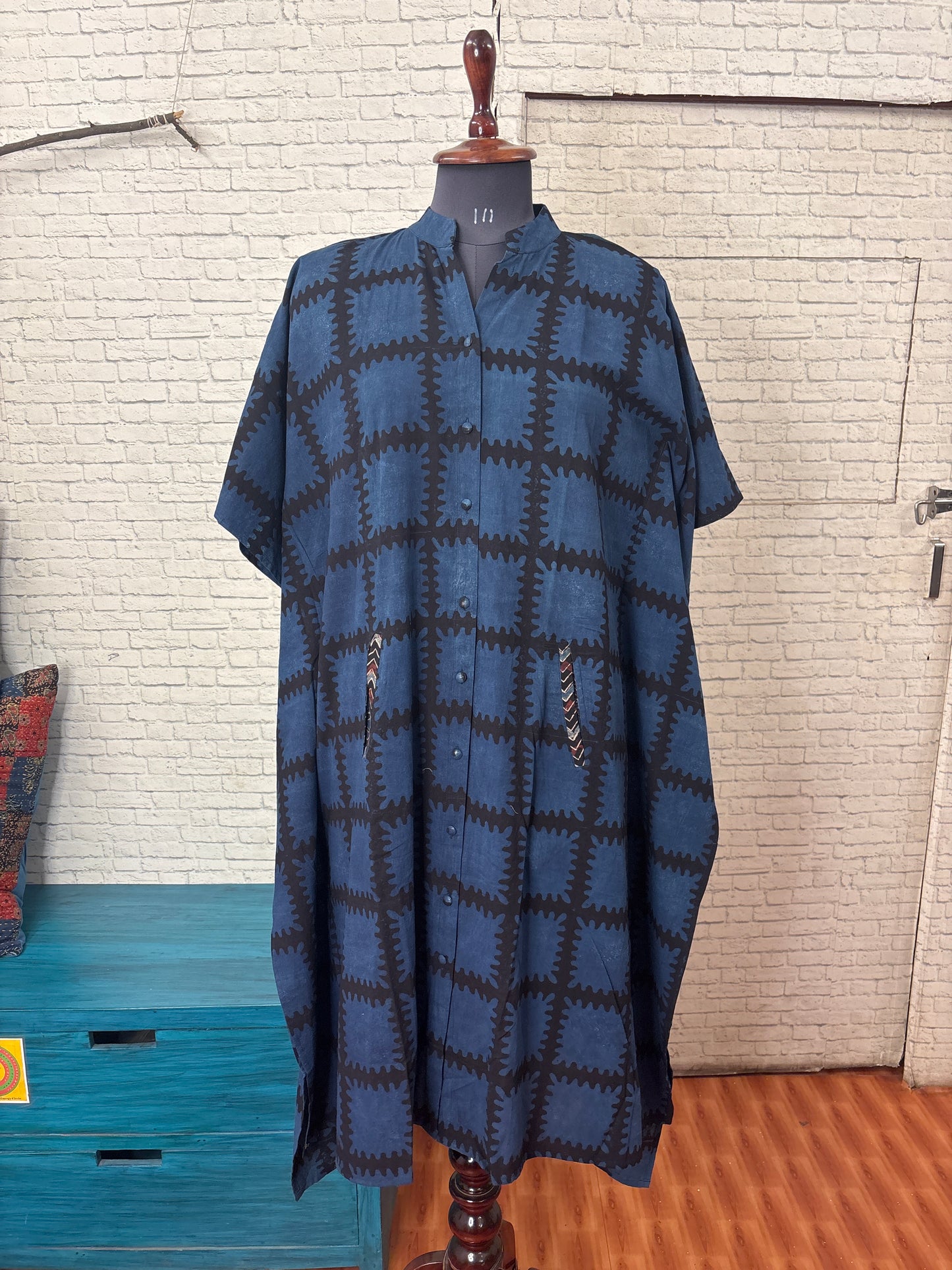 Indigo Black Square High Low Midi Cotton Shirt Kaftan