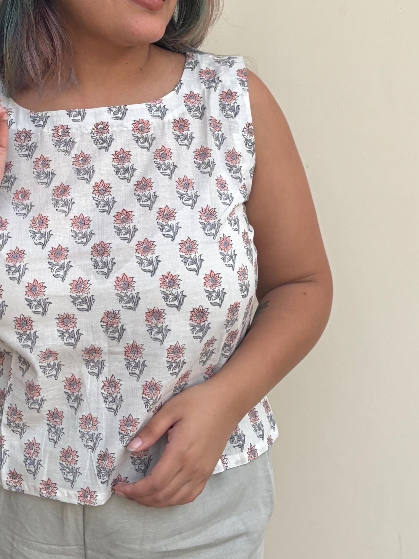 White Peach Flowers Hand Block Printed Sleeveless Crop Top