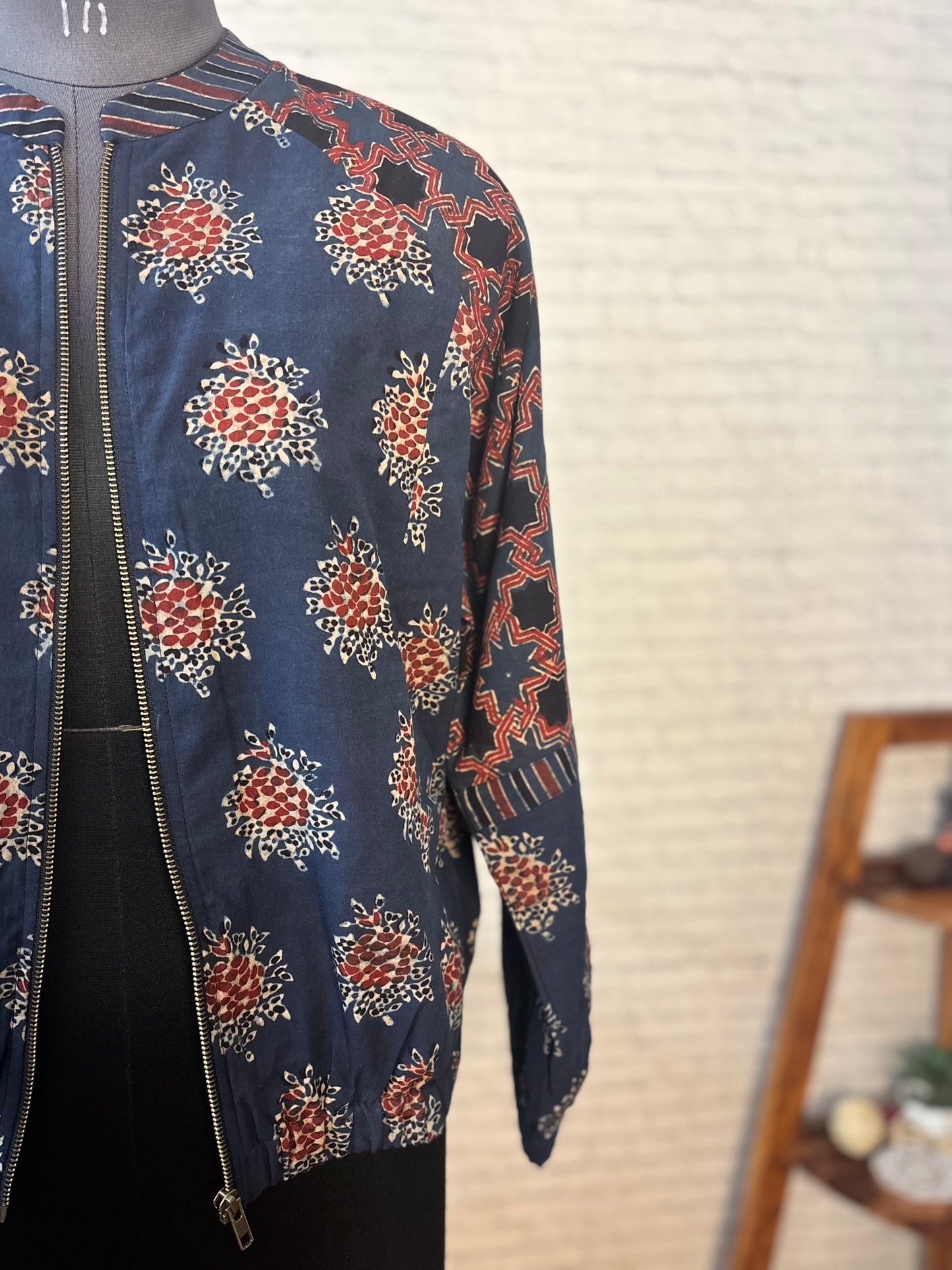 Indigo Ajrakh Hand Block Printed Unisex Bomber Jacket