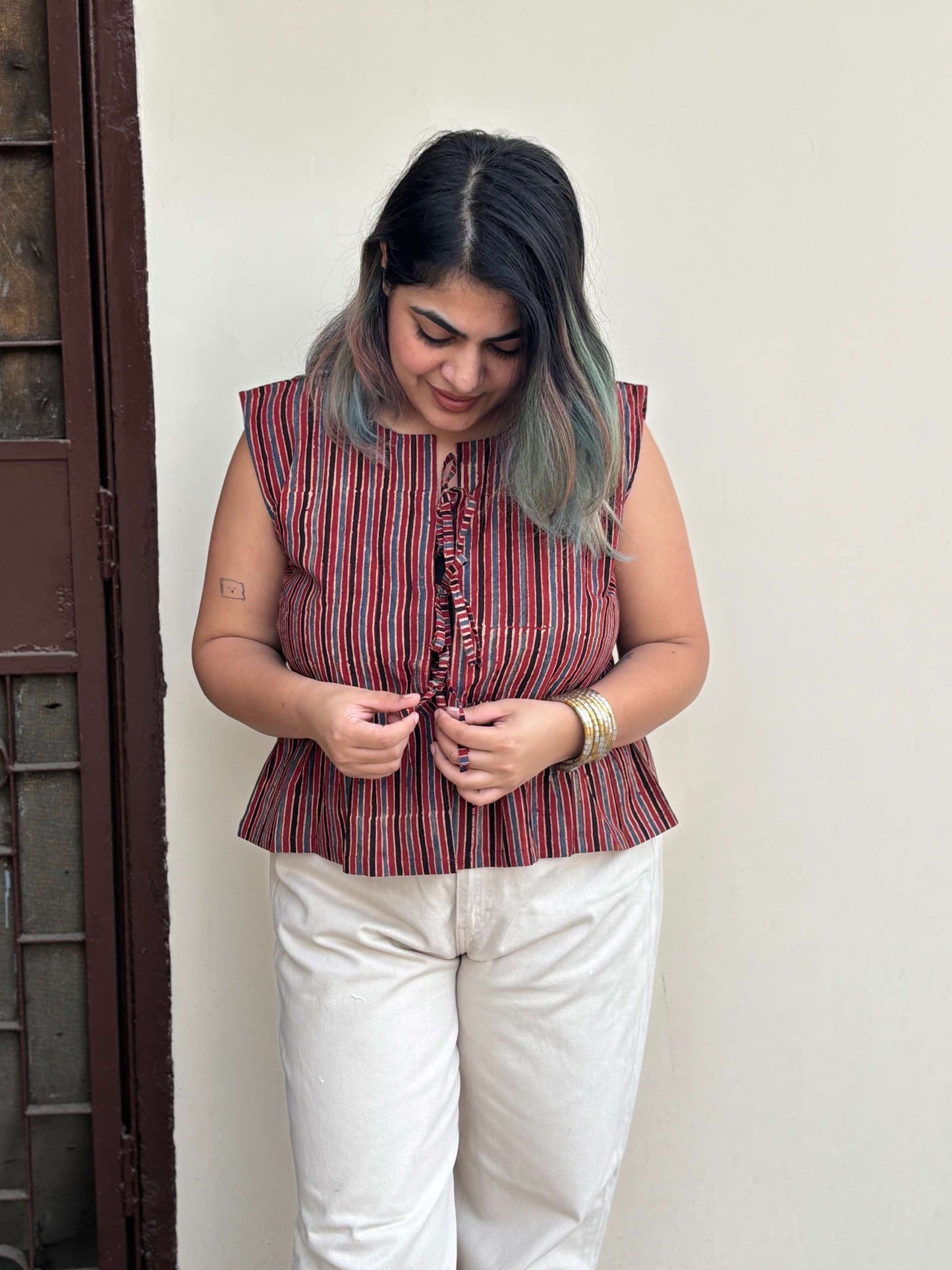 Red Stripes Ajrakh Hand Block Printed Front Tie Sleeveless Top