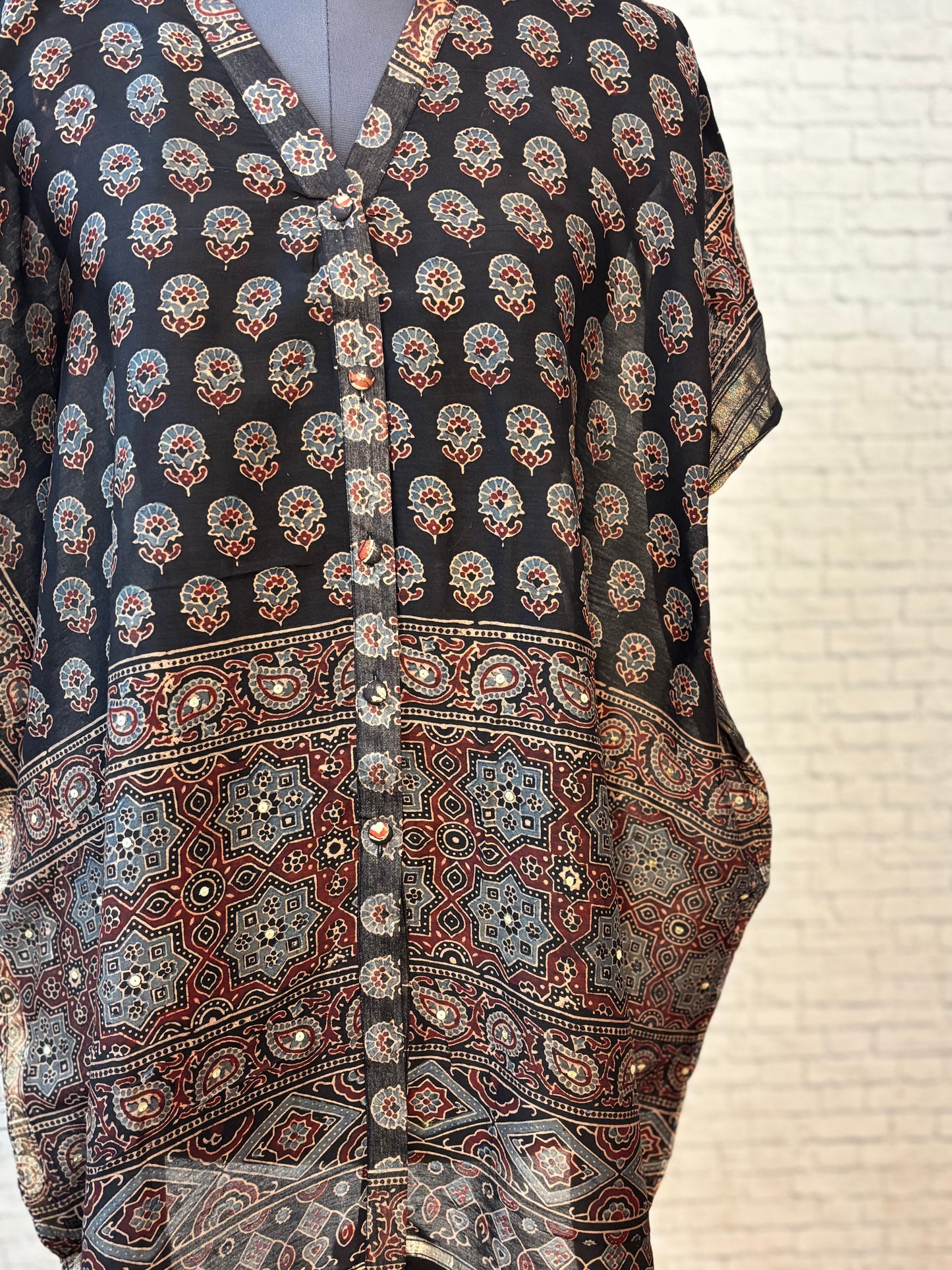 Black Ajrakh Chanderi Shirt Kaftan with Sequin Detailing