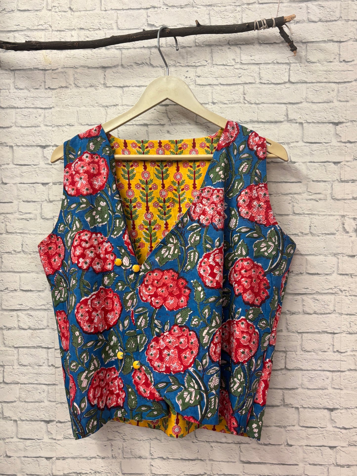 Yellow Blue Hand Block Printed Reversible Waistcoat