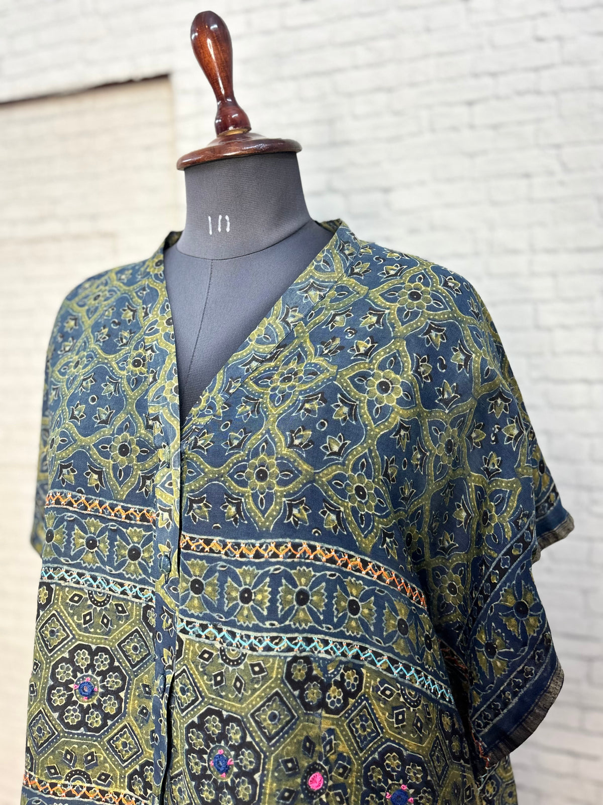 Indigo Green Ajrakh Chanderi Shirt Kaftan with Hand Embroidery