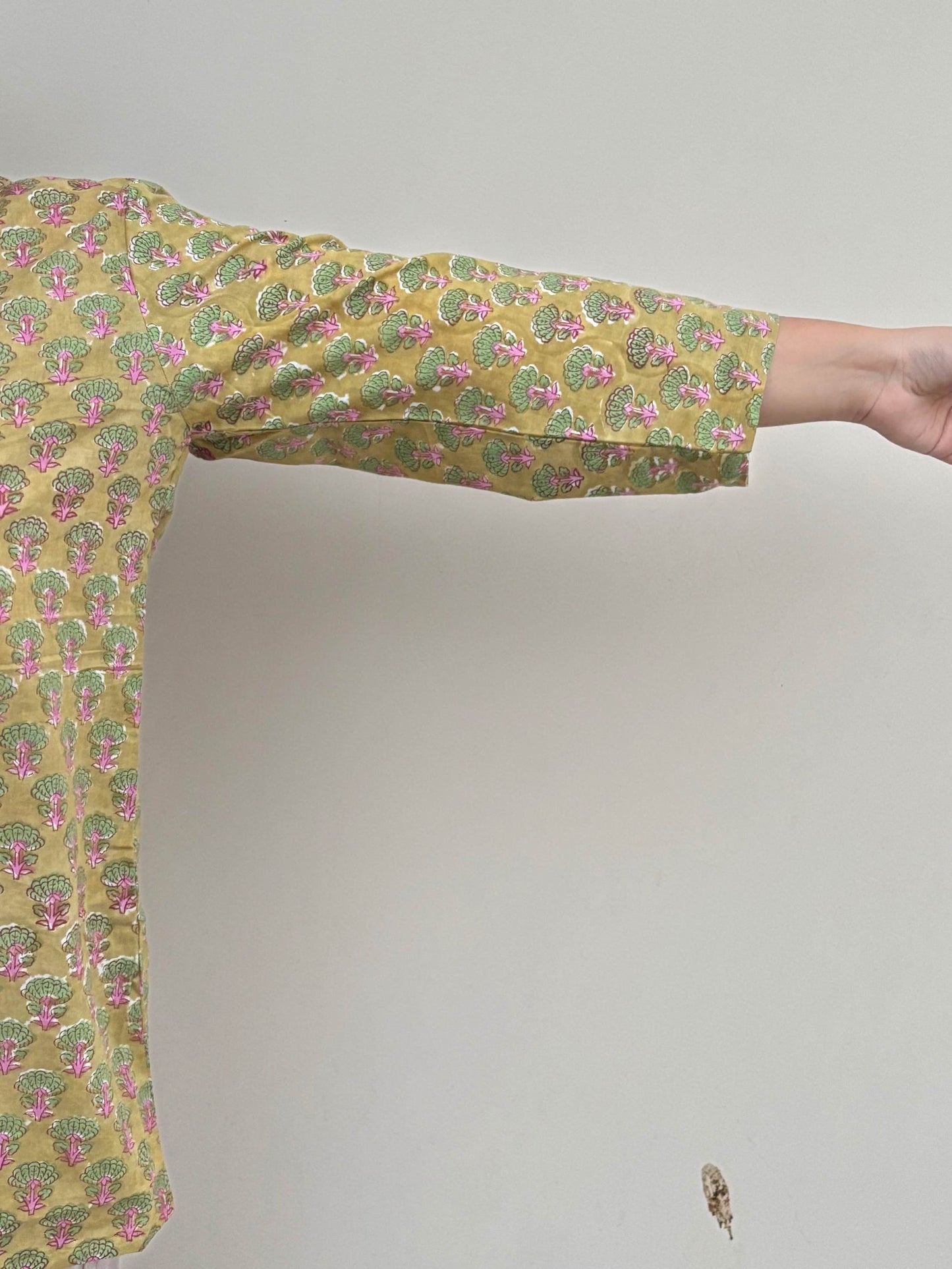 Green Pink Hand Block Printed A Line Relaxed Fit Collar Top
