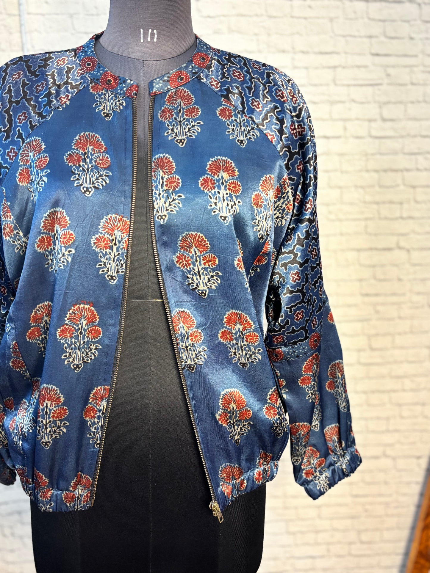 Indigo Mashru Silk Ajrakh Unisex Bomber Jacket