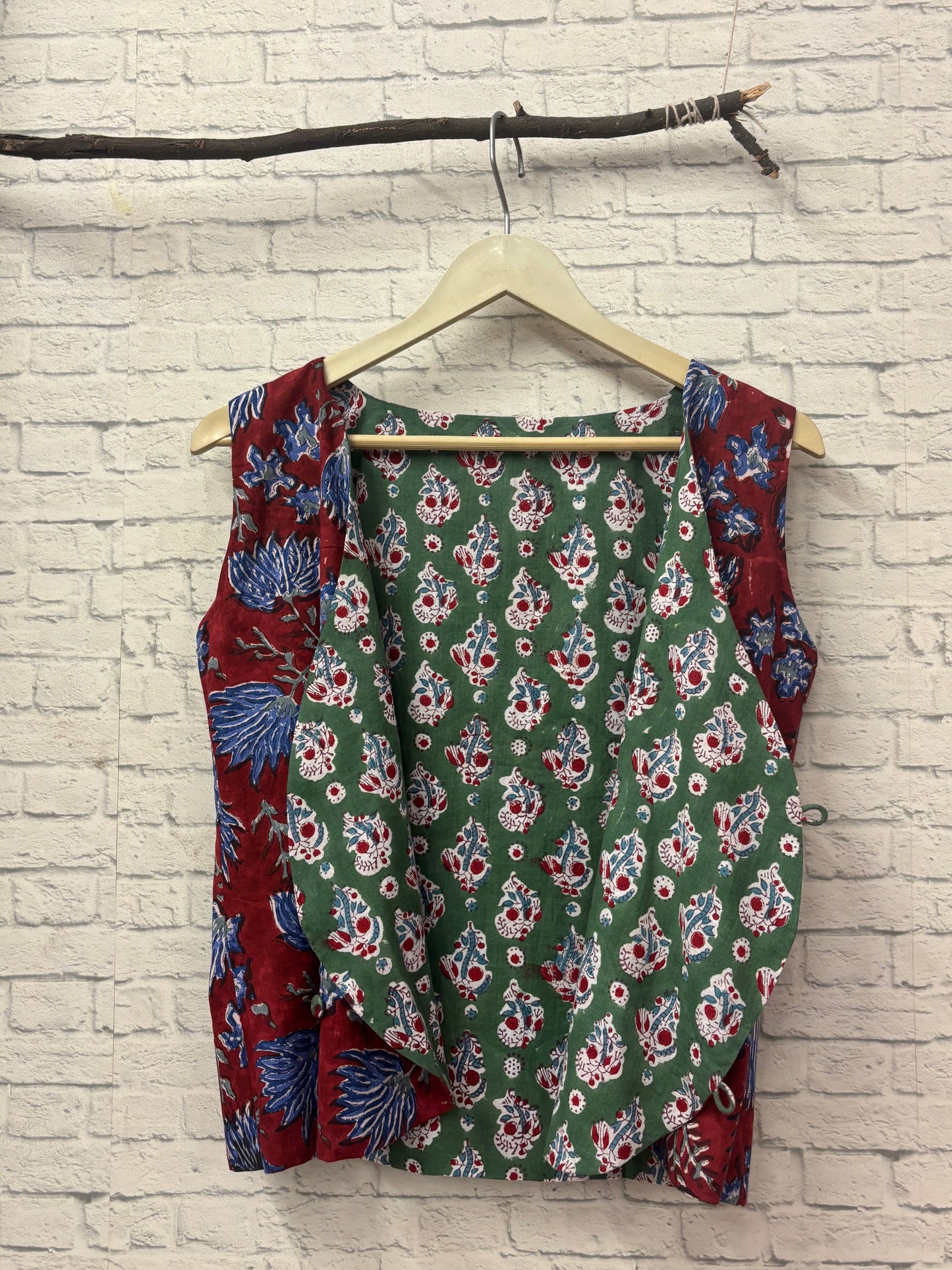 Red Green Hand Block Printed Reversible Waistcoat