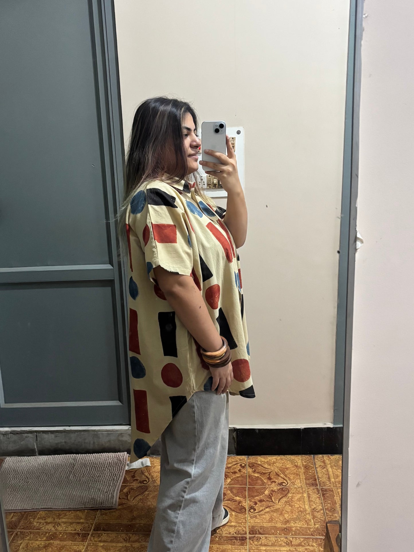 White Geometric Ajrakh High Low Shirt Kaftan