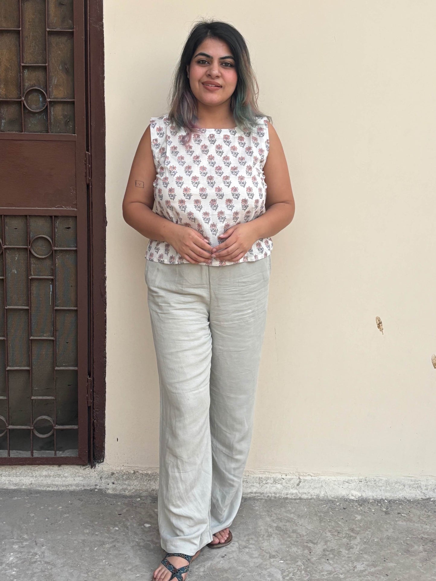 White Peach Flowers Hand Block Printed Sleeveless Crop Top