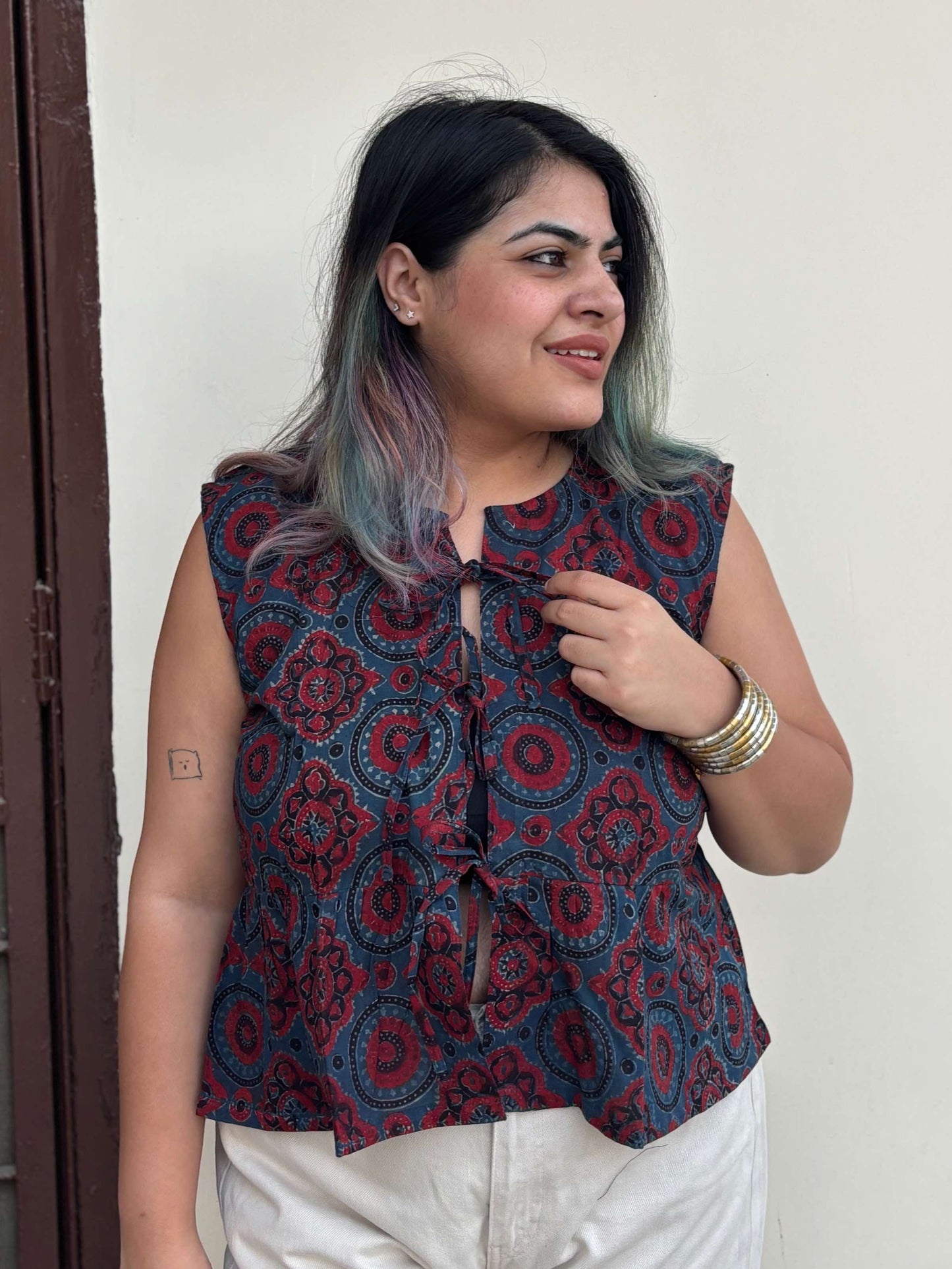 Indigo Red Ajrakh Hand Block Printed Front Tie Sleeveless Top