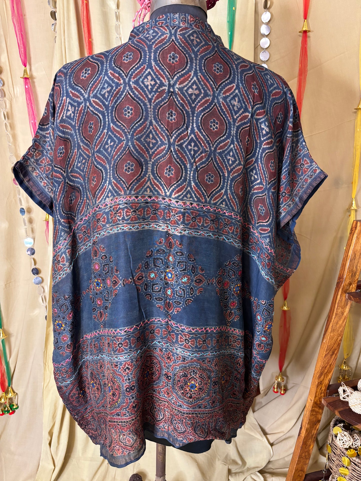 Indigo Red Ajrakh Chanderi Shirt Kaftan with Hand Embroidery