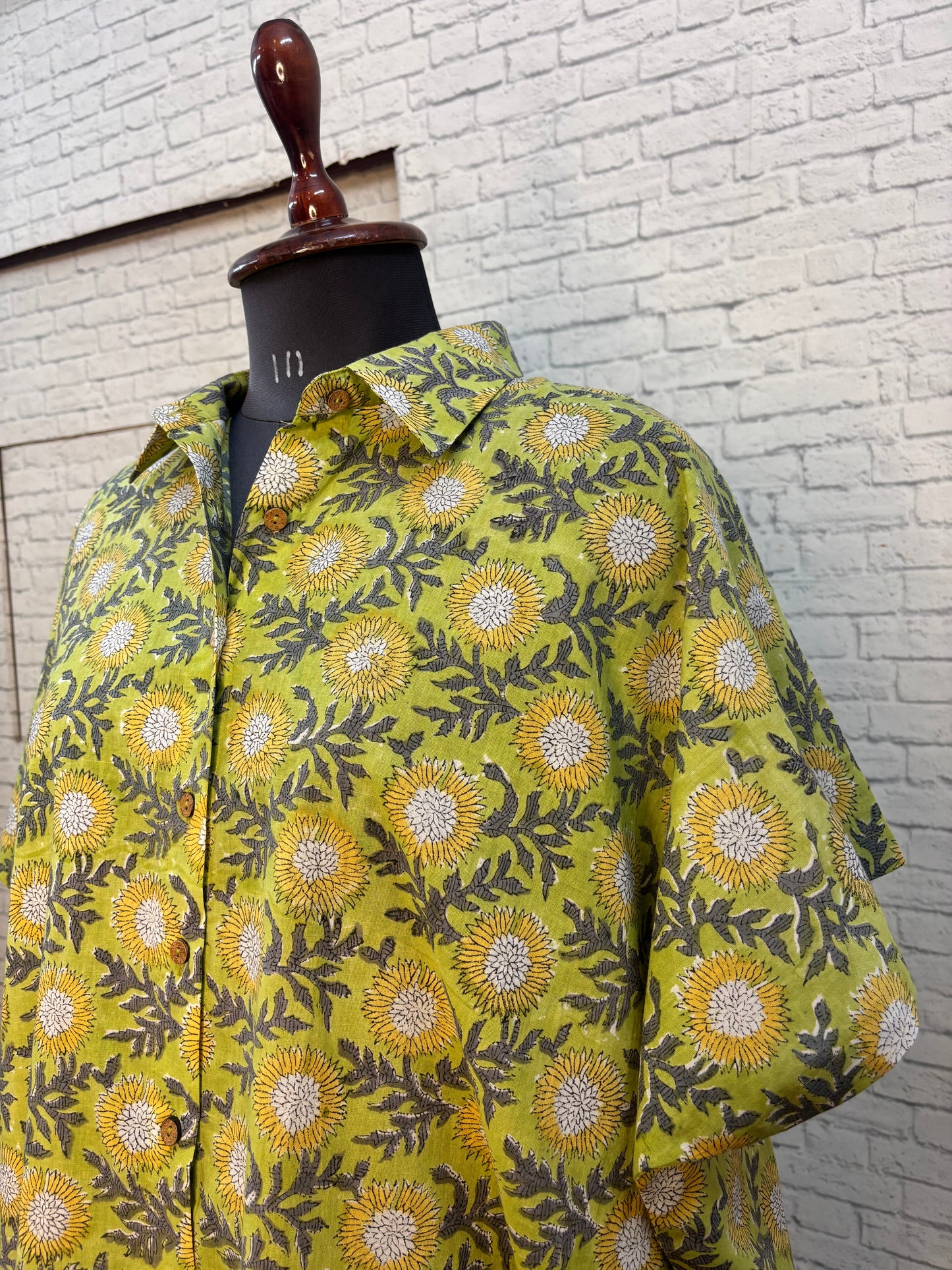 Green Yellow Floral Hand Block Printed Cotton High Low Shirt Kaftan