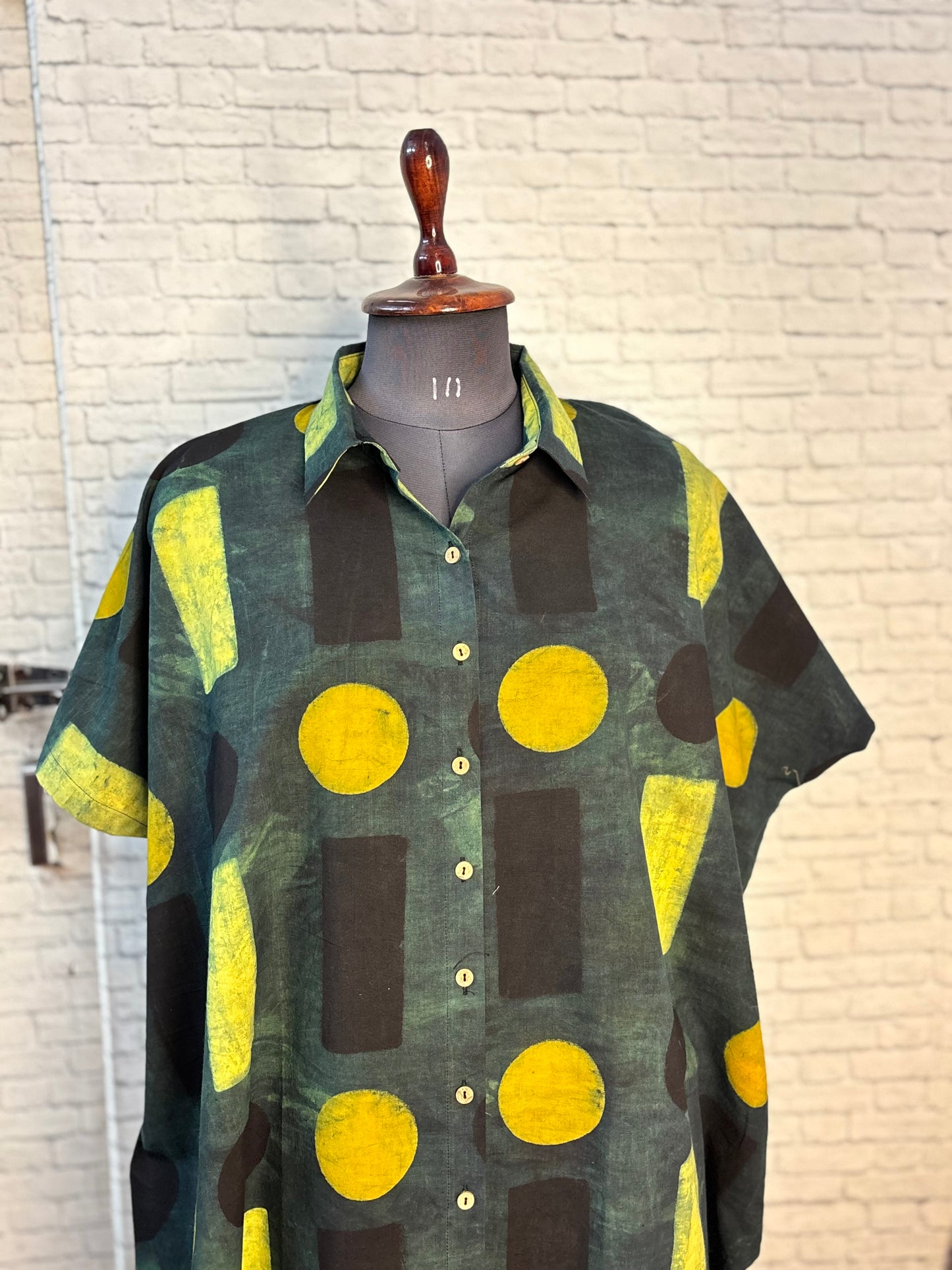 Green Yellow Geometric Ajrakh High Low Shirt Kaftan