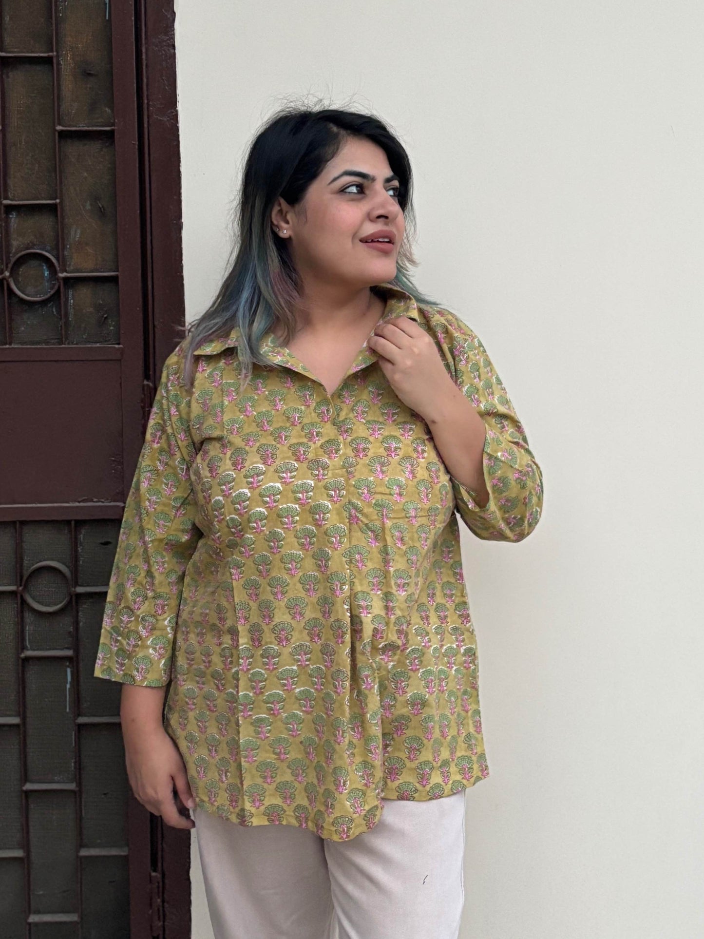 Green Pink Hand Block Printed A Line Relaxed Fit Collar Top