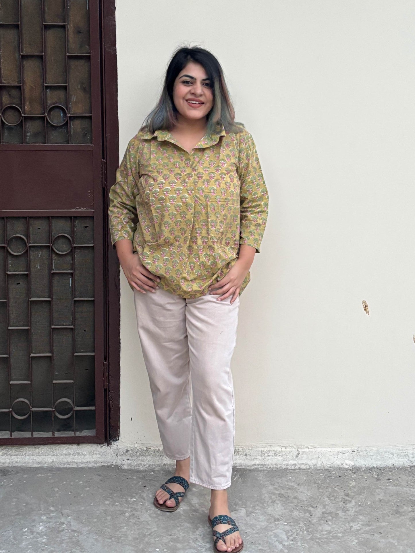 Green Pink Hand Block Printed A Line Relaxed Fit Collar Top