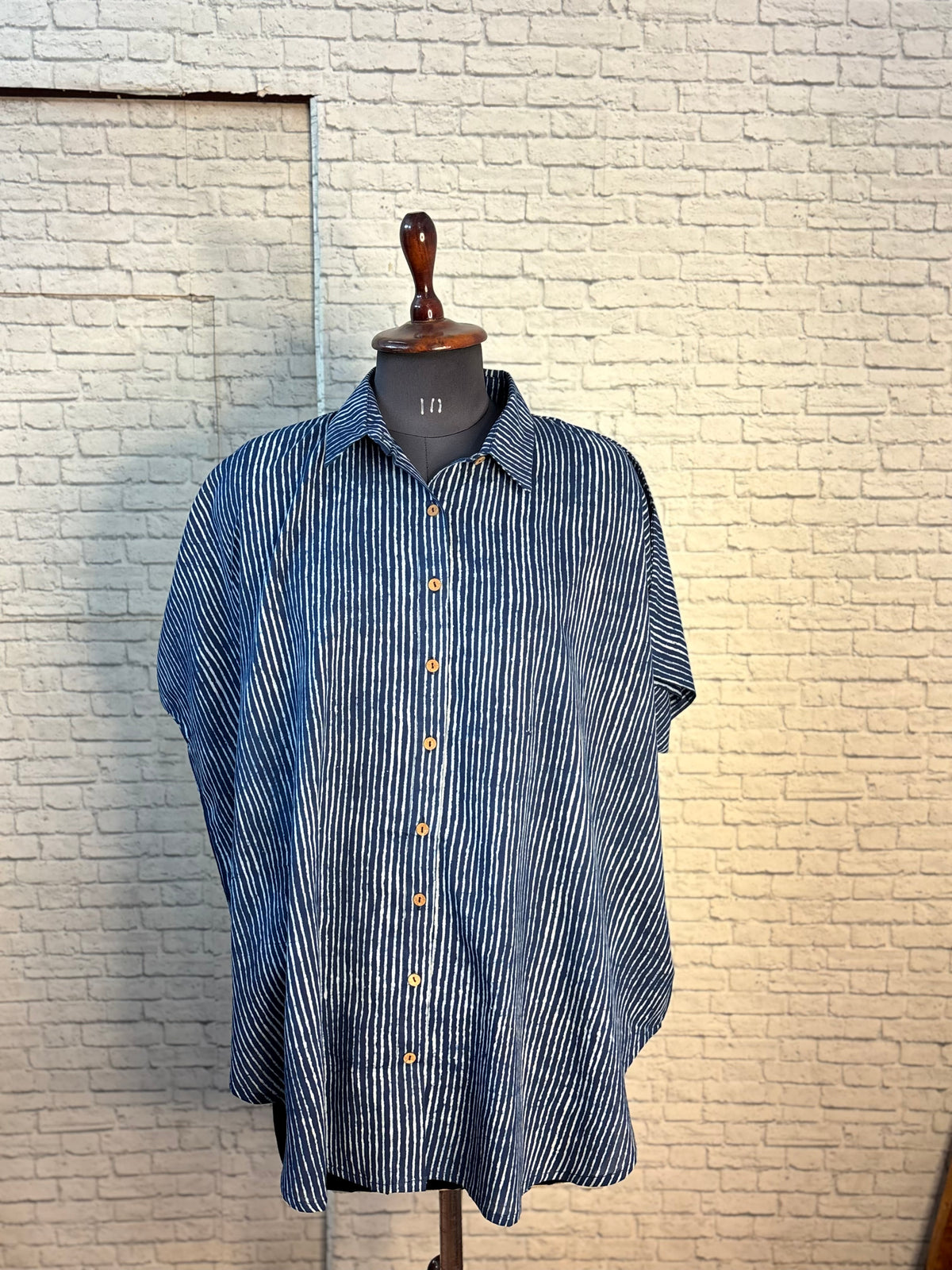 Indigo White Dabu Stripes Cotton High Low Shirt Kaftan