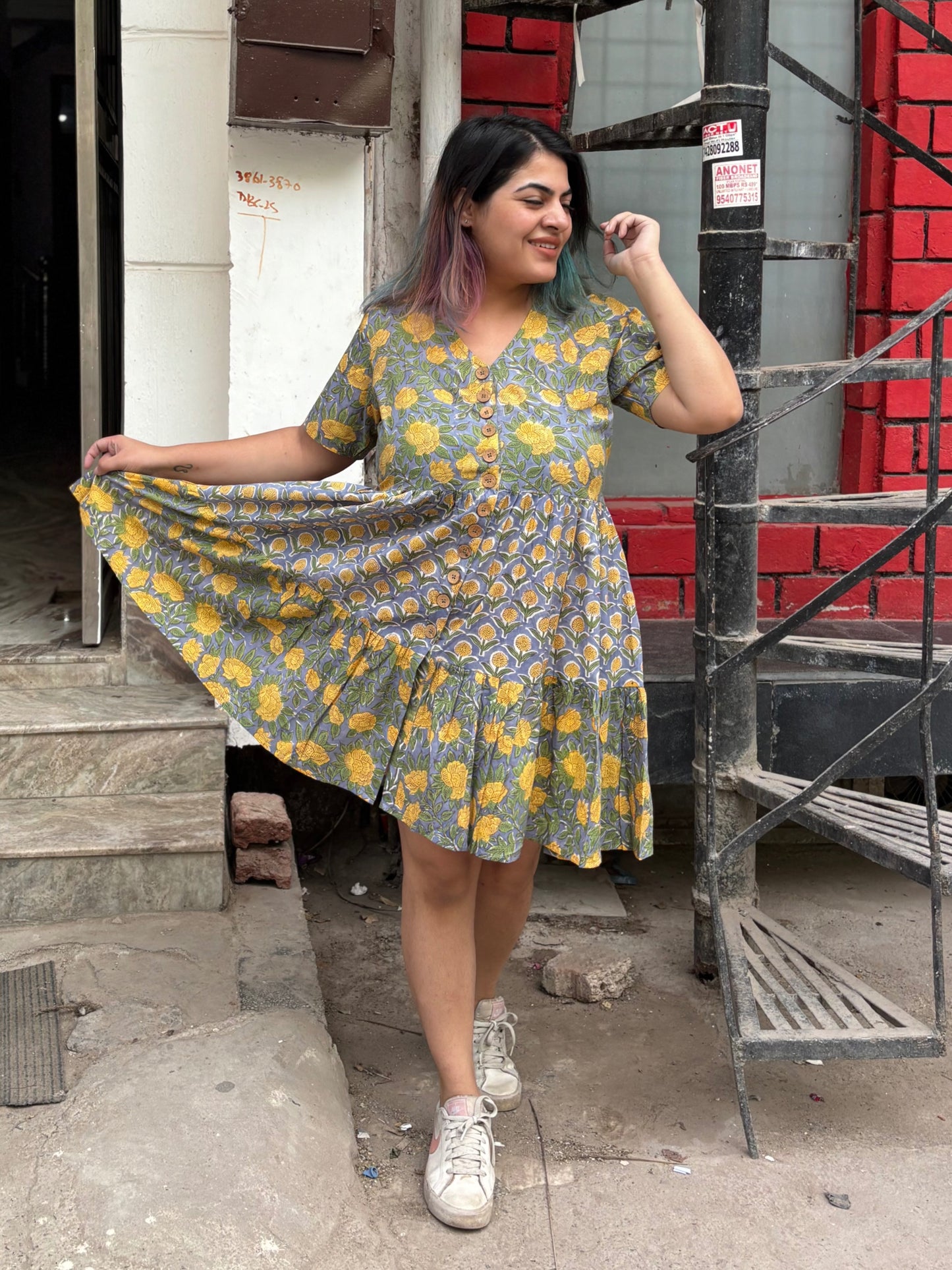 Abani Hand Block Printed Knee Length Tiered Button Down Dress