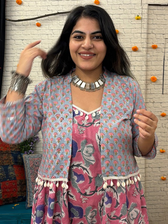 Meadowsweet Hand Block Printed Shrug with Shell Detailing